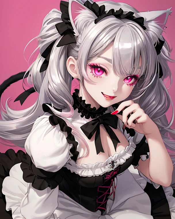 UM VAMPIRO, cabelo longo branco, olhos vermelhos, pale skin, vestido ta rosa, smiling expression, corpo magro