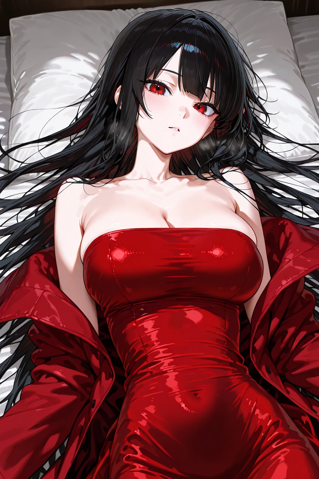 A girl with long loose black hair, crimson red eyes. Deep red lipstick, red eye shadow , Full body very big breasts demon, full body full nude lying in bed