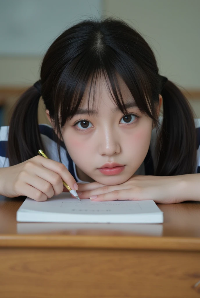 Close-up of a Japanese JK girl with twin ponytails leaning on classroom desk, right hand resting on woodgrain surface while left holds a mechanical pencil