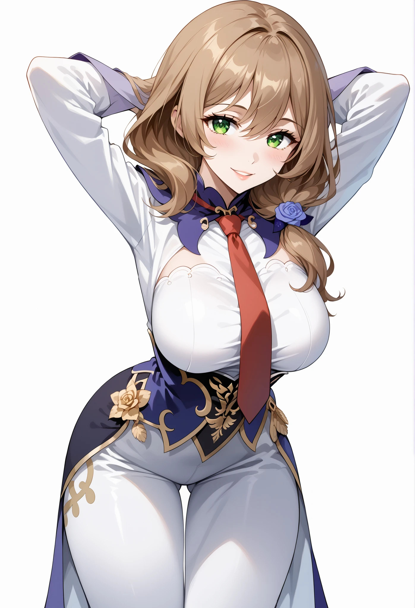 score_9, score_8_up, score_7_up, source_anime, 4K,perfect fingers,(perfect hands, perfect anatomy),prefect lighting, very aesthetic, intricate details,highly detailed background, masterpiece, high quality, best quality,
1girl,Solo,lisaminci, lisa minci, brown hair, green eyes, long hair, low tied hair, large breasts,,
wearing ((suit and tie with a red tie on her neck, )),,
((White plain background:1.5)) , looking at viewer, smile, (perfect hands, perfect anatomy),cowboy shot, filed, high thigh individual , fullbody,Stand up,((front look:1.5)), ((hands behind head:1.5)), ((leaning forward:1.5)),