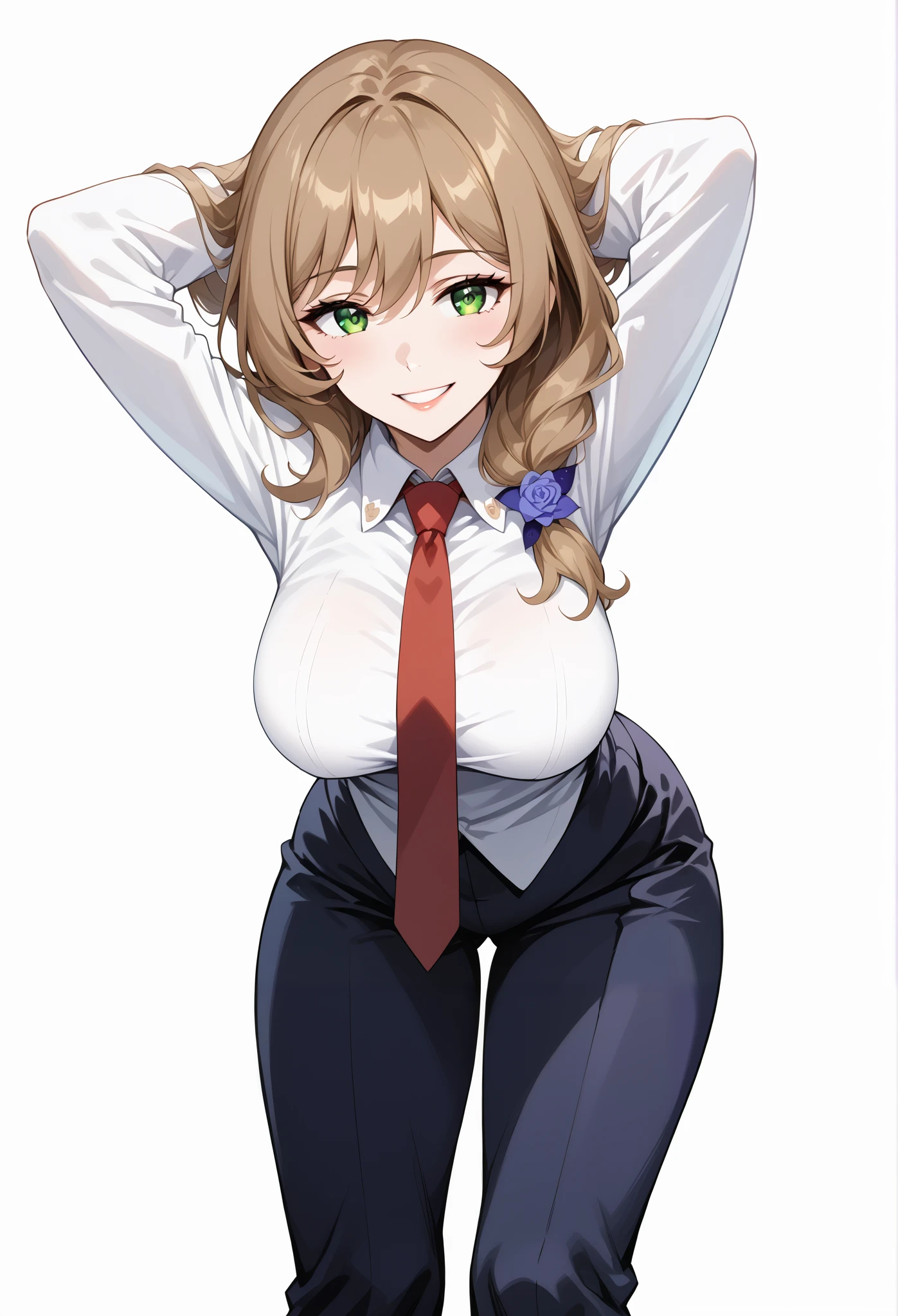 score_9, score_8_up, score_7_up, source_anime, 4K,perfect fingers,(perfect hands, perfect anatomy),prefect lighting, very aesthetic, intricate details,highly detailed background, masterpiece, high quality, best quality,
1girl,Solo,lisaminci, lisa minci, brown hair, green eyes, long hair, low tied hair, large breasts,,
wearing ((suit and tie with a red tie on her neck,  )),,
((White plain background:1.5)) , looking at viewer, smile, (perfect hands, perfect anatomy),cowboy shot, filed, high thigh individual , fullbody,Stand up,((front look:1.5)), ((hands behind head:1.5)), ((leaning forward:1.5)),