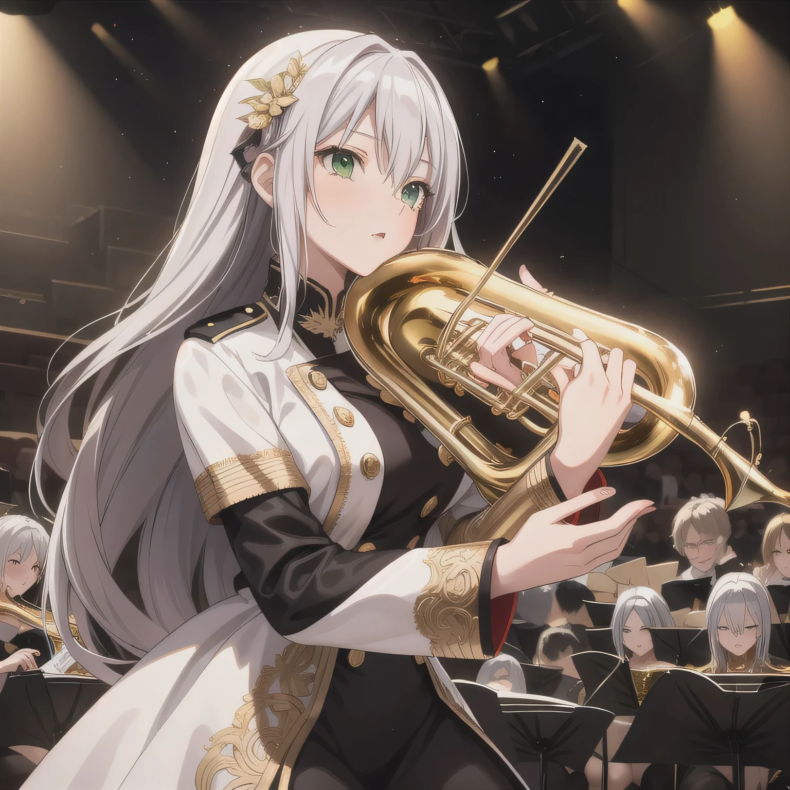 Depict a 20-year-old, dazzlingly beautiful woman playing a brass instrument in a grand concert hall. She wears an elegant yet practical band uniform, designed with intricate gold embroidery. Her posture is poised, fingers positioned with precision, her eyes focused as she plays passionately. The warm stage lighting highlights the shine of her instrument, creating a visually striking contrast between her and the surrounding orchestra. Silver hair, long hair, green eyes.