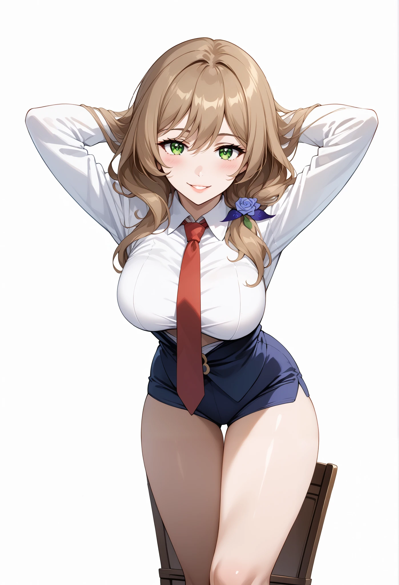 score_9, score_8_up, score_7_up, source_anime, 4K,perfect fingers,(perfect hands, perfect anatomy),prefect lighting, very aesthetic, intricate details,highly detailed background, masterpiece, high quality, best quality,
1girl,Solo,lisaminci, lisa minci, brown hair, green eyes, long hair, low tied hair, large breasts,,
wearing ((Formal suit and tie with a red tie on her neck,  )),,
((White plain background:1.5)) , looking at viewer, smile, (perfect hands, perfect anatomy),cowboy shot, filed, high thigh individual , fullbody, ((front look:1.5)), ((hands behind head:1.5)), ((leaning forward:1.5)), (sitting on the chair: 1.2), 