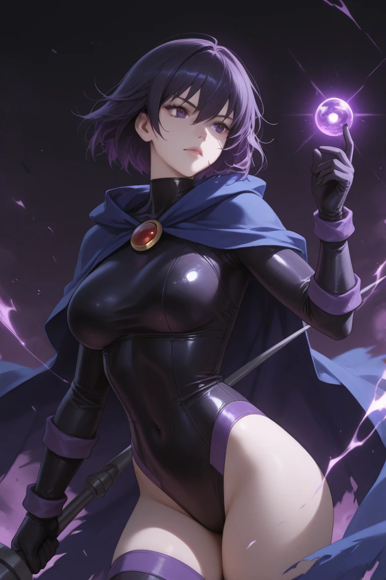 thick outlines, comics, photorealistic, 1girl, solo, small breast, casting dark magic, magic circles, floating in the air <lora:raven-768:0.6>, ravenlora, purple hair, purple eyes, pale skin, grey skin, forehead jewel, leotard,  blue cape, red jewel belt, tights, detailed background, detailed face, detailed eyes, <lora:add_detail:0.7>