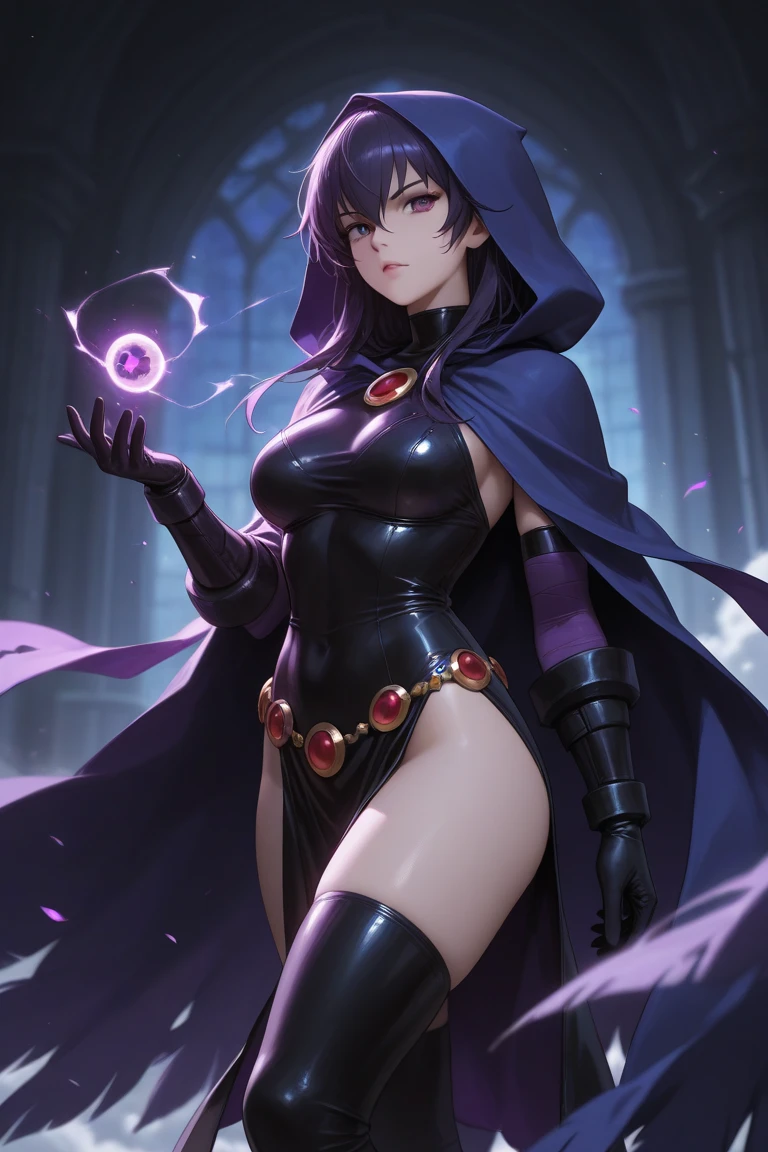 1girl, raven, black leotard, black cape, hood, purple hair, forehead jewel, purple eyes, short hair, belt, skin tight, standing, cleavage, toned, breasts, pose, night, moonlight, ((posing)), motion lines, torso, upper body, portrait, b&w. outline, in Anime Tarot Card Art Style