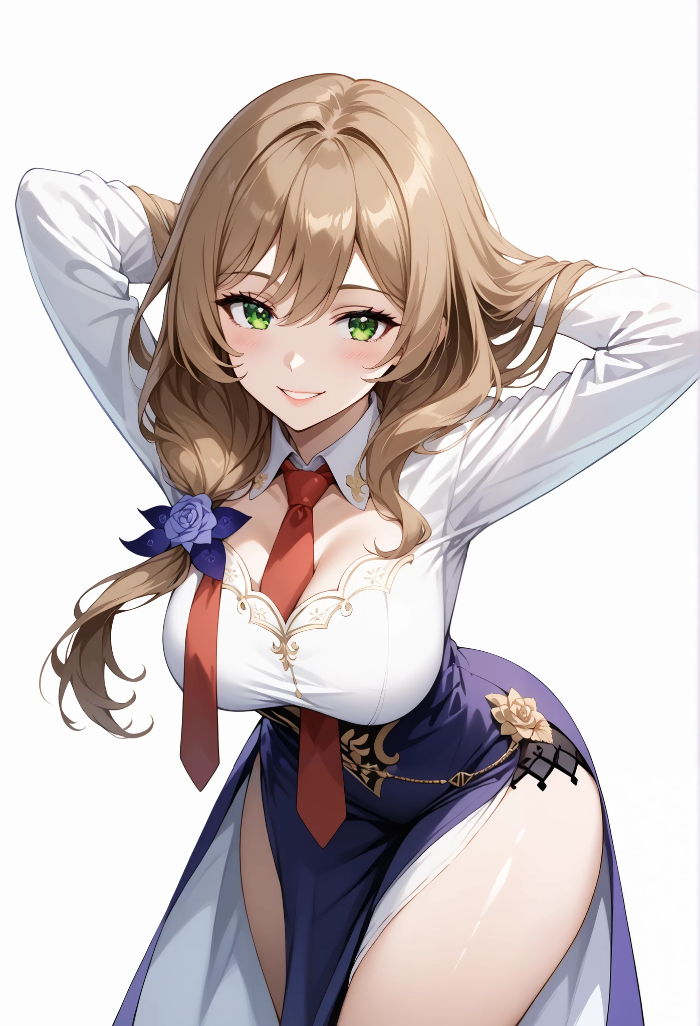 score_9, score_8_up, score_7_up, source_anime, 4K,perfect fingers,(perfect hands, perfect anatomy),prefect lighting, very aesthetic, intricate details,highly detailed background, masterpiece, high quality, best quality,
1girl,Solo,lisaminci, lisa minci, brown hair, green eyes, long hair, low tied hair, large breasts,,
wearing ((Formal suit and tie with a red tie on her neck,  )),,
((White plain background:1.5)) , looking at viewer, smile, (perfect hands, perfect anatomy),cowboy shot, filed, high thigh individual , fullbody, ((front look:1.5)), ((hands behind head:1.5)), ((leaning forward:1.5)), (sitting on the chair: 1.2), 