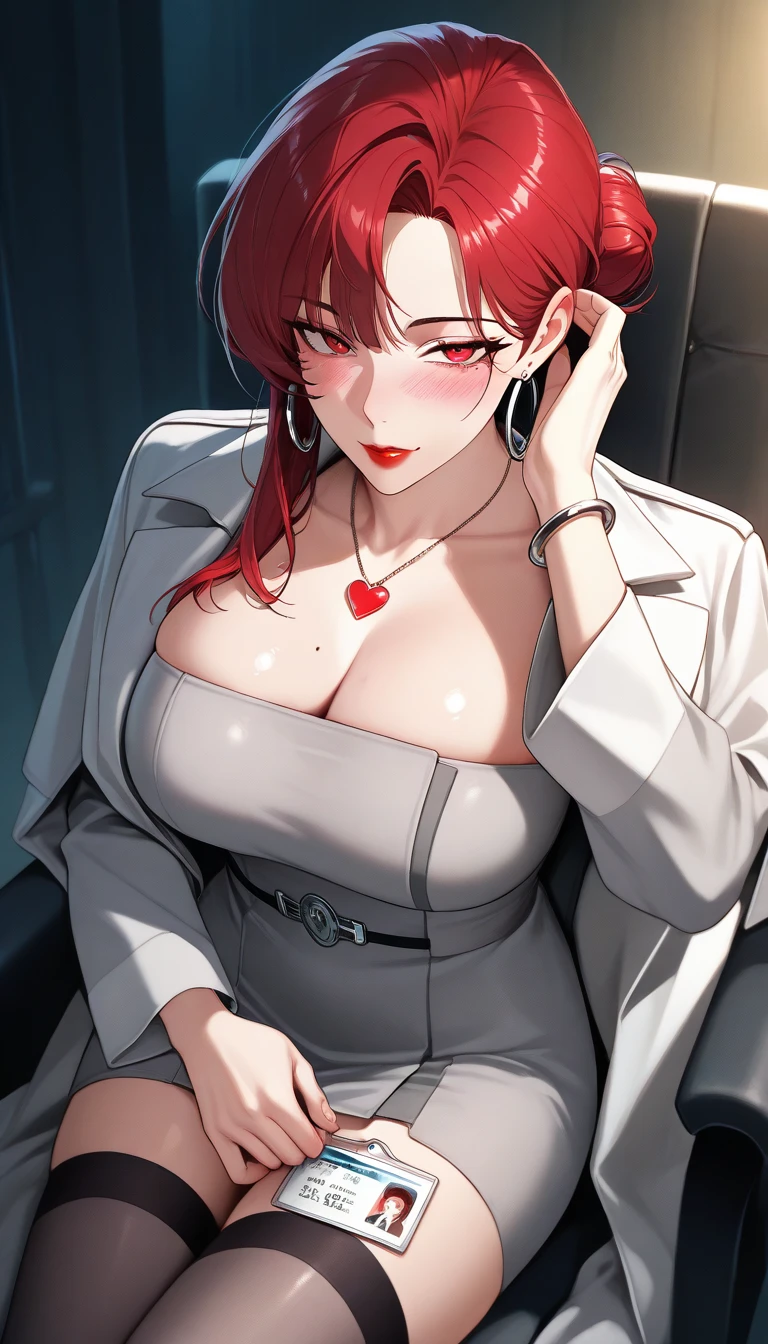 (masterpiece:1.2) best quality, high resolution, unity 8k wallpaper (illustration:0.8) (beautiful detailed face:1.2, beautiful detailed eyes:1.2) perfect lighting, extremely detailed CG (perfect hands, perfect anatomy) cute, beautiful, charming lady, shiny hair, lustrous skin, beautiful light big eyes, milf, married woman, soft With a gentle appearance and a gentle mother-like atmosphere, feminine style, beautiful kubire, beautiful, naughty face, red long hair, high ponytail, hair ribbon ((red eyes)) large breasts, leather choker, heart brooch, dress, red skirt, white jacket, wrist cuffs, kee boots