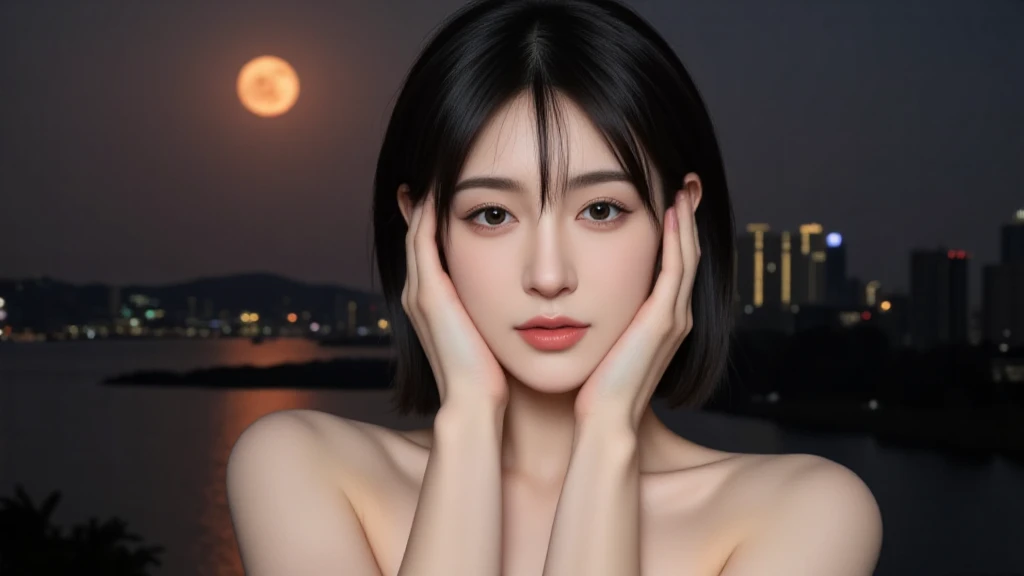 Beautifulmodel 20 years old sniper black hair bob night full moon