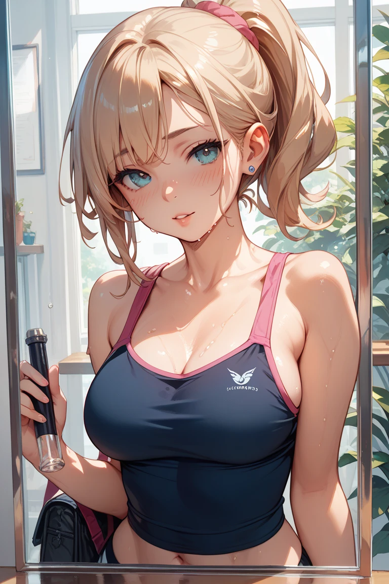 (masterpiece:1.2, Highest quality), (Realistic photos), Beautiful illustrations, (Natural side lighting, Cinema lighting),(1 girl), Japanese, 20-year-old female, Perfect Face, Symmetrical cute face, Glowing Skin,Blonde、Bun Hair、nape undercut、Dark blue eyes, (Huge breasts:1.1), Slender build、Beautiful Hair, Beautiful Face, Fine and beautiful eyes, Beautiful body, Beautiful breasts,(Sports Bra、Sports shorts),Arena、smile、Blushing、stand、(My whole body is wet:1.1)、peace sign