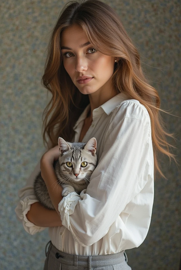 (Masterpiece: 1.3), High-resolution, Ultra-detailed: 1.2), Photorealistic: 1.4), Golden ratio, Best quality: 1.5), Soft natural lighting: 0.9), Film grain: 0.6), Blonde hair, Long, wavy, glossy, Reflecting warm tones, Fluffy feline cat, Cute kitten, Held gently but confidently, Warm smile, Eyes sparkling with affection, Delicate skin texture, (Blush: 0.4), (Goosebumps: 0.5), Elegant outfit, White blouse, Black trousers