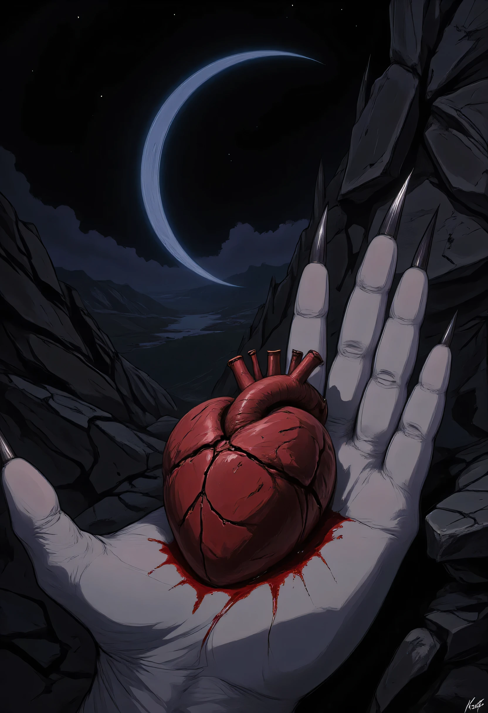here is a bleeding human heart sitting in the palm of a icy white, well manicured, palm, the palm have black demonic fingernails, there are blue moon and stars in the background, aidmaDarkGothicAnime
