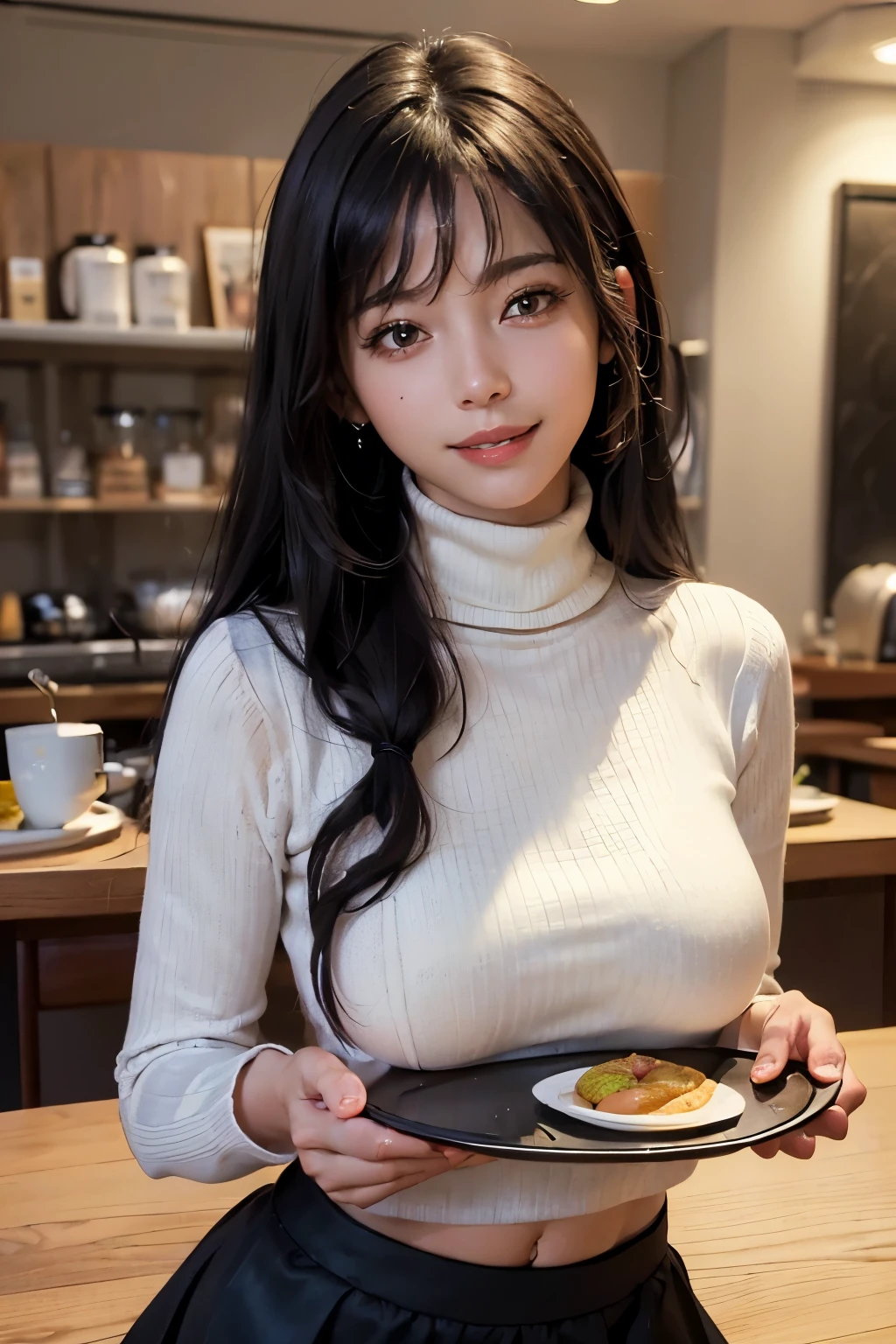 (Best Quality,Masterpiece,Photo realistic,Ultra Detailed,ultra high res:1.3),(1girl,pretty,smile),(white turtleneck sweater),(medium breasts on tray,round tray:1.3),mini-skirt,cafe,(black long hair with bangs),