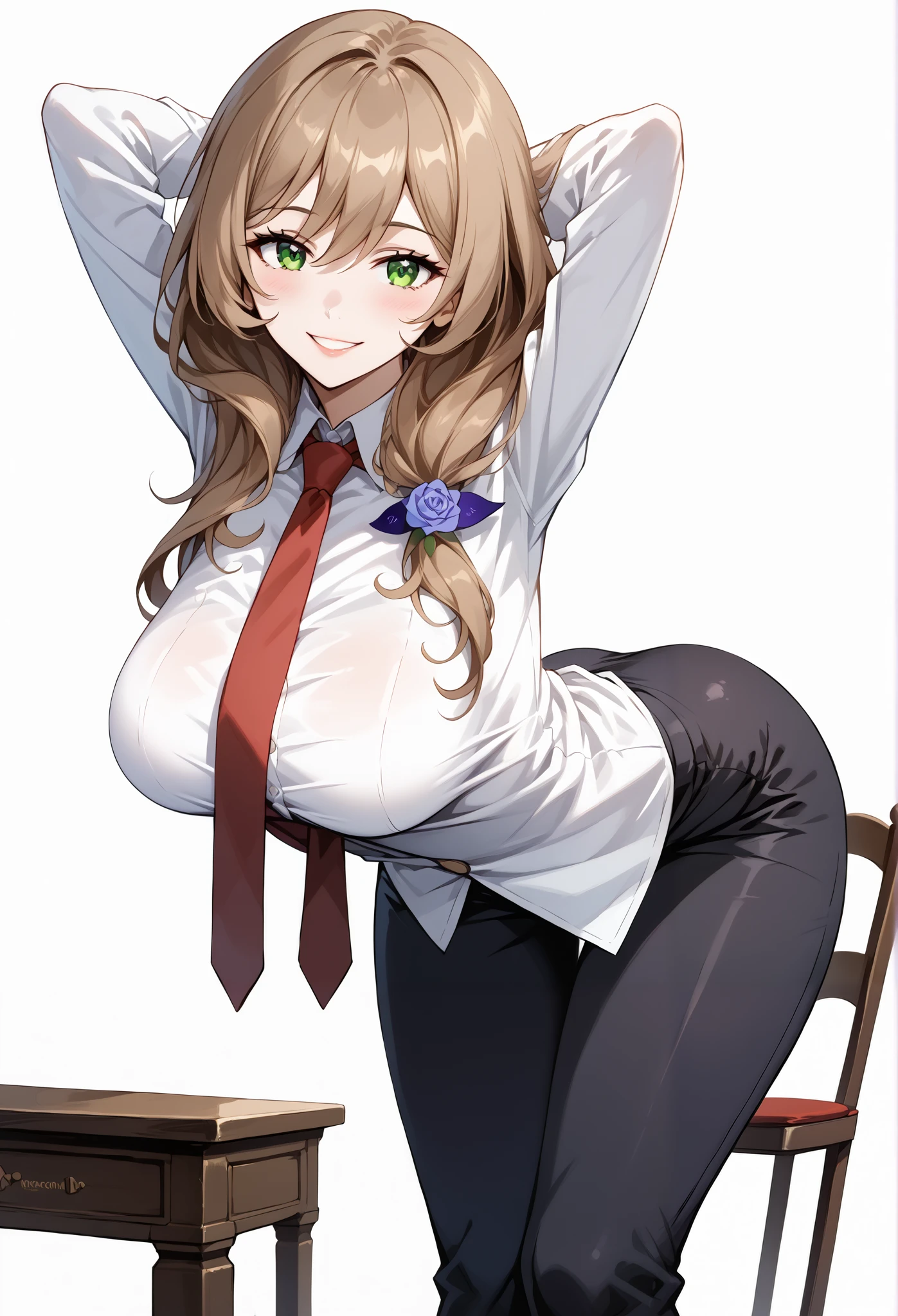 score_9, score_8_up, score_7_up, source_anime, 4K,perfect fingers,(perfect hands, perfect anatomy),prefect lighting, very aesthetic, intricate details,highly detailed background, masterpiece, high quality, best quality,
1girl,Solo,lisaminci, lisa minci, brown hair, green eyes, long hair, low tied hair, large breasts,,
wearing ((suit and tie with a red tie on her neck, black tight pants, )),,
((White plain background:1.5)) , looking at viewer, smile, (perfect hands, perfect anatomy),cowboy shot, filed, high thigh individual , fullbody, ((front look:1.5)), ((hands behind head:1.5)), ((leaning forward:1.5)), ((sitting on chair:1.2)), 