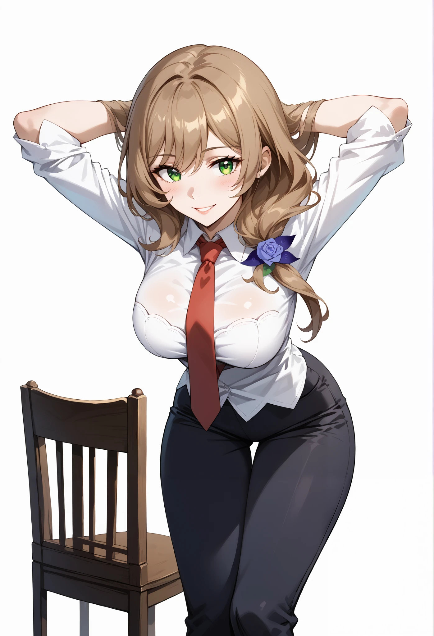 score_9, score_8_up, score_7_up, source_anime, 4K,perfect fingers,(perfect hands, perfect anatomy),prefect lighting, very aesthetic, intricate details,highly detailed background, masterpiece, high quality, best quality,
1girl,Solo,lisaminci, lisa minci, brown hair, green eyes, long hair, low tied hair, large breasts,,
wearing ((suit and tie with a red tie on her neck, black tight pants, )),,
((White plain background:1.5)) , looking at viewer, smile, (perfect hands, perfect anatomy),cowboy shot, filed, high thigh individual , fullbody, ((front look:1.5)), ((hands behind head:1.5)), ((leaning forward:1.5)), ((sitting on chair:1.2)),