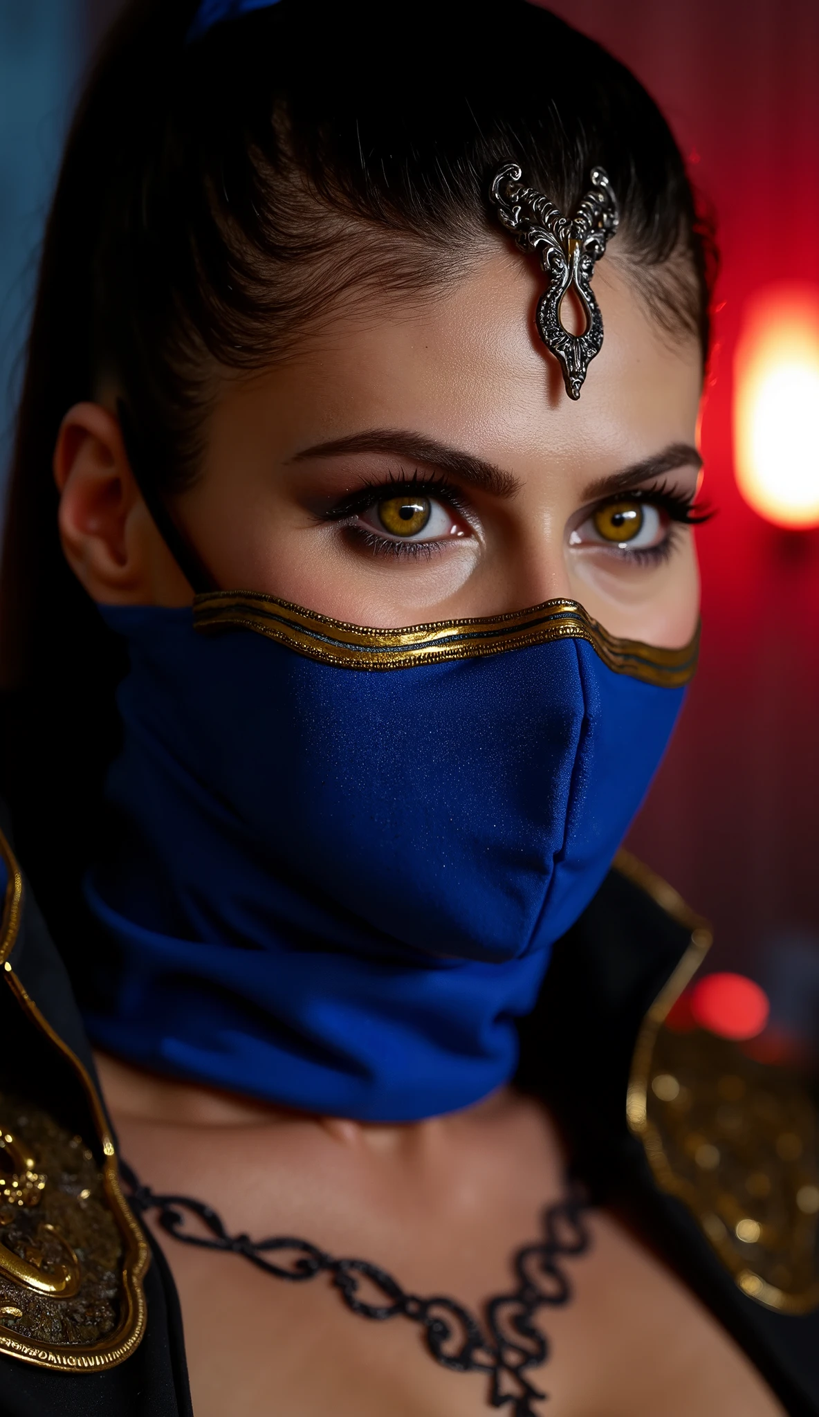 This image offers a striking close-up of Kitana, a prominent character in the Mortal Kombat series, known for her elegant fighting style and sharp steel fans. The image emphasizes her beauty and air of mystery.
Facial Features and Mask: Kitana's eyes, a warm brown color, are the focal point, drawing the viewer in. They convey a sense of strength and determination, even though her expression remains neutral. She wears her characteristic blue mask, which covers the lower half of her face. The mask has ornate gold trim along the top edge, adding a touch of regality. The mask's texture appears slightly coarse, like fabric. A metallic, v-shaped piece adorns her forehead, possibly part of a larger headpiece.
Costume: Glimpses of gold armor or decorative elements are visible at the edges of the image, near her shoulders and neck. These details hint at the more elaborate costume she typically wears. The gold contrasts beautifully with the blue of her mask.
Lighting and Background: The lighting is dramatic, with a warm, reddish glow emanating from behind and below, casting shadows and highlighting the contours of her face and mask. The background itself is dark and out of focus, keeping the attention firmly on Kitana.
Overall Impression: The image creates a sense of intrigue and mystery. The combination of the close-up perspective, the partially obscured face, and the dramatic lighting makes for a captivating portrait. The image effectively portrays Kitana's beauty and strength while hinting at the dangerous world she inhabits.