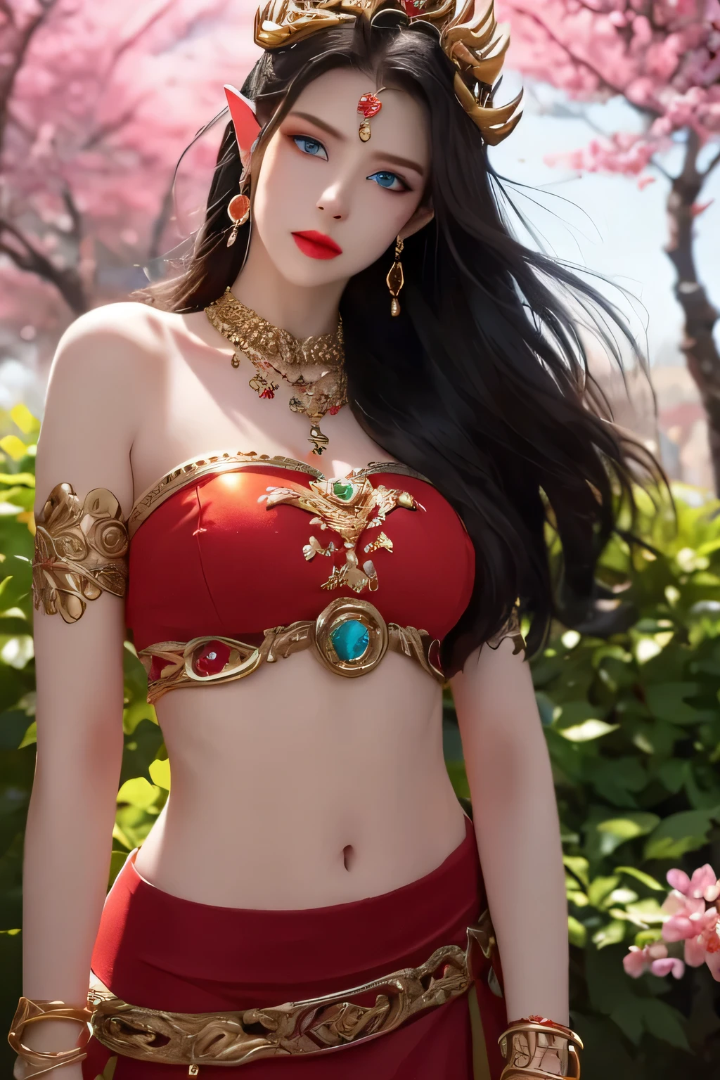 One 20 year old girl, breast 1.1, navel,upper body,bare shoulders,wears red tube top,red skirt, blue gems,shiny skin,hand in own hair,(mature female),milf,cai lin, deep blue eyes, jet black long hair, 8k resolution high quality,background: around the garden surrounded by Sakura trees with fluttering sakura petals, from head to thighs, hourglass figure, bare round shoulders, exposed midriff, a tilak on her forehead,ornamental logo on her forehead, snake crown, necklace, earings with blue gem, long black hair bangs, pointy ears,golden bracelet,Bright lightening under the sun through sakura canopy. High quality 16k resolution,( HDR :1.5), cinematic look, ultra-detailed,ultra lightening, (photorealistic :1.2), long thin straight eyelashes, dense black eyelashes,sharp eyes, diamond shaped head, straight nose, closed heart shaped lips, lean in pose, front view pose looking at viewer