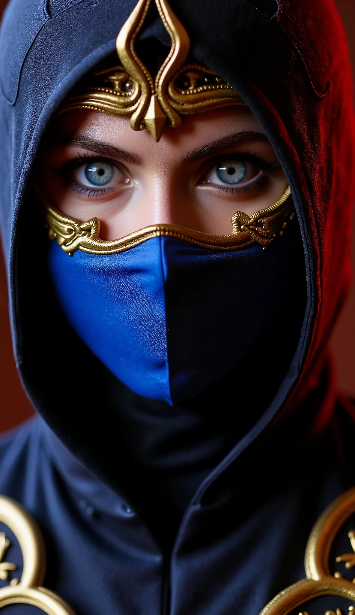 This image offers a striking close-up of Kitana, a prominent character in the Mortal Kombat series, known for her elegant fighting style and sharp steel fans. The image emphasizes her beauty and air of mystery.

Facial Features and Mask: Kitana's eyes, a warm blue color, are the focal point, drawing the viewer in. They convey a sense of strength and determination, even though her expression remains neutral. She wears her characteristic blue mask, which covers the lower half of her face. The mask has ornate gold trim along the top edge, adding a touch of regality. The mask's texture appears slightly coarse, like fabric. A metallic, v-shaped piece adorns her forehead, possibly part of a larger headpiece.
Costume: Glimpses of gold armor or decorative elements are visible at the edges of the image, near her shoulders and neck. These details hint at the more elaborate costume she typically wears. The gold contrasts beautifully with the blue of her mask.
Lighting and Background: The lighting is dramatic, with a warm, reddish glow emanating from behind and below, casting shadows and highlighting the contours of her face and mask. The background itself is dark and out of focus, keeping the attention firmly on Kitana.
Overall Impression: The image creates a sense of intrigue and mystery. The combination of the close-up perspective, the partially obscured face, and the dramatic lighting makes for a captivating portrait. The image effectively portrays Kitana's beauty and strength while hinting at the dangerous world she inhabits.