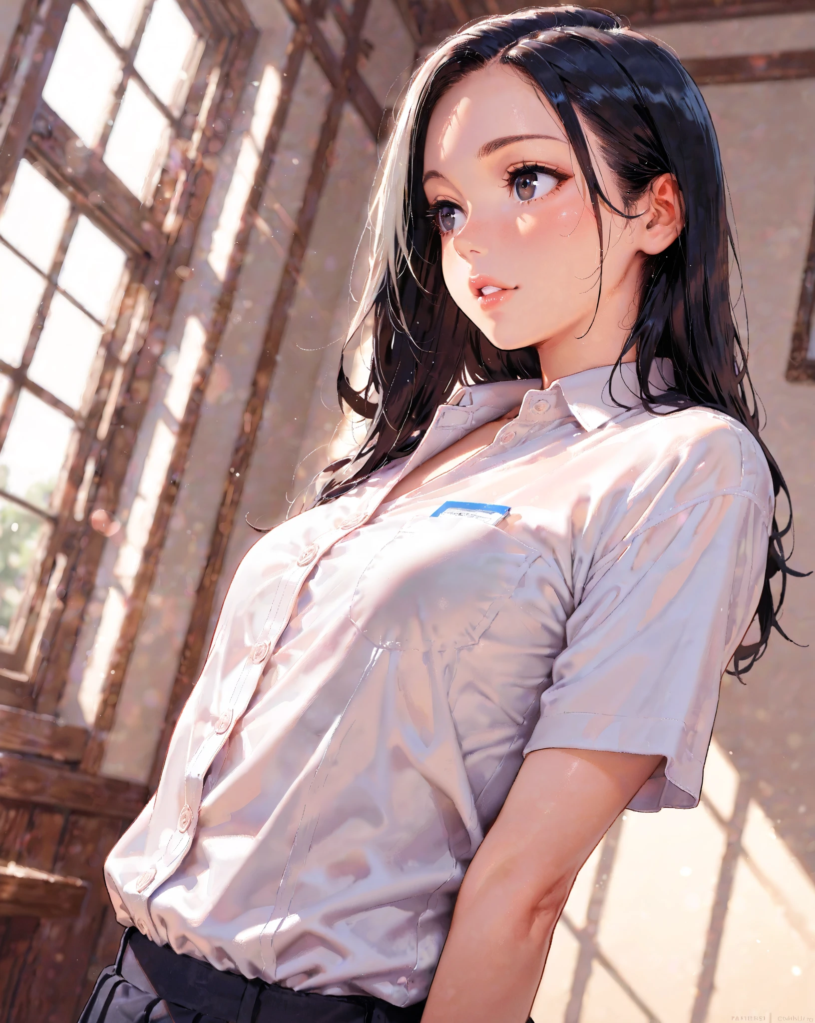 (masterpiece:1.2, highest quality), (realistic, photorealistic:1.4), beautiful illustrations, (natural side lighting, movie lighting), Depth of written boundary, looking at the viewer, Front view, 1 girl, Asian, , ((bob hair)), perfect face, Cute symmetrical face, shiny skin, asymmetrical bangs, Big eyes, shaved pussy, long eyelashes, thin, beautiful hair, beautiful face, fine and beautiful eyes, beautiful clavicle, beautiful body, beautiful breasts, beautiful thighs, beautiful feet, beautiful fingers, ((school uniform )), (vaginal sex:1.5), (beautiful scenery), evening, droopy eye, (cum in pussy:1.5), sex, erotic, cum in pussy, hetero, mole, Inserting a penis into a pussy, (smile, Upper grade, open your mouth)