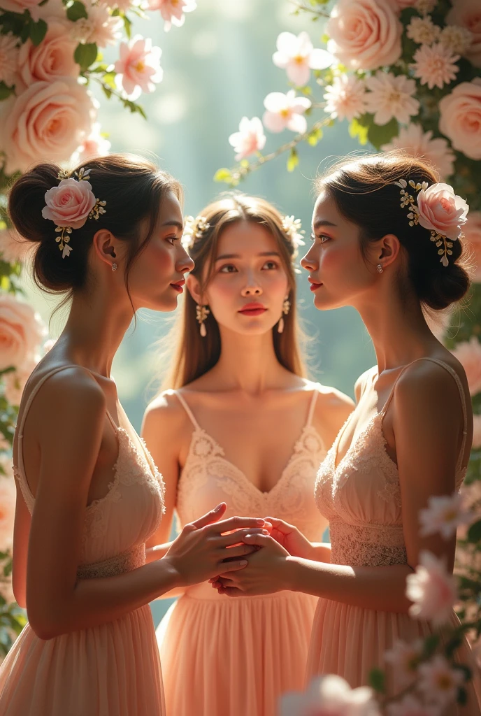 I'm taking photos for a new concept album. Create a girl group concept photo in the style of "Romance"