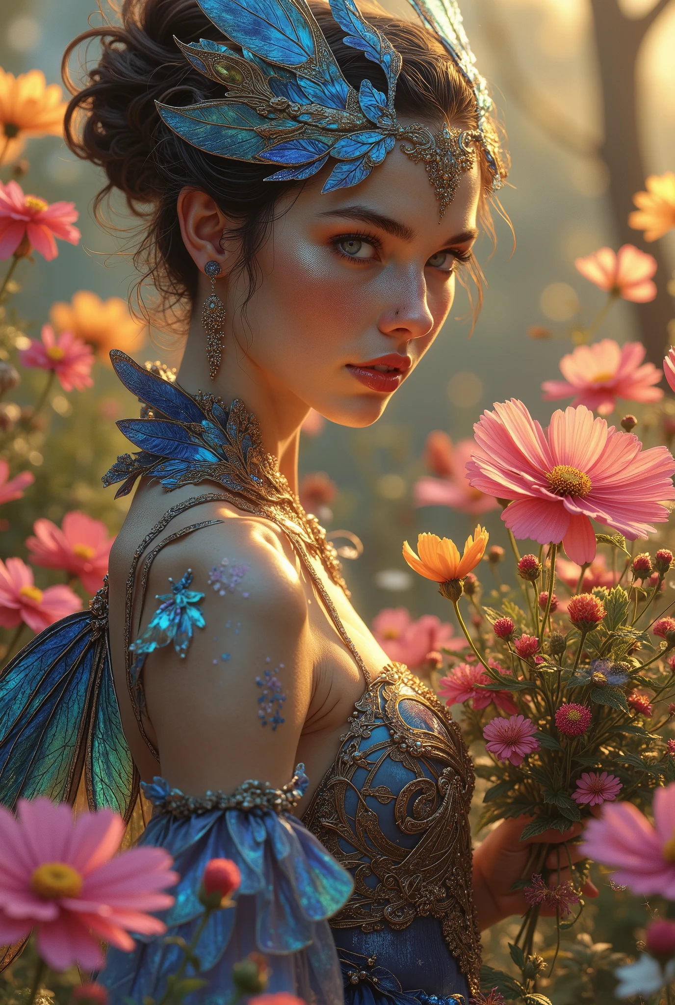 Young lady, clad in iridescent cobalt blue attire resembling a majestic Mayfly's exoskeleton, poses with an effortless elegance. She cradles a lush bouquet of vibrant cosmos flowers, amidst a tapestry of colorful annuals, directly into the lens. Soft focus and warm natural light dance across her face, as the camera captures the gentle rustle of petals and the subtle smile playing on her lips.