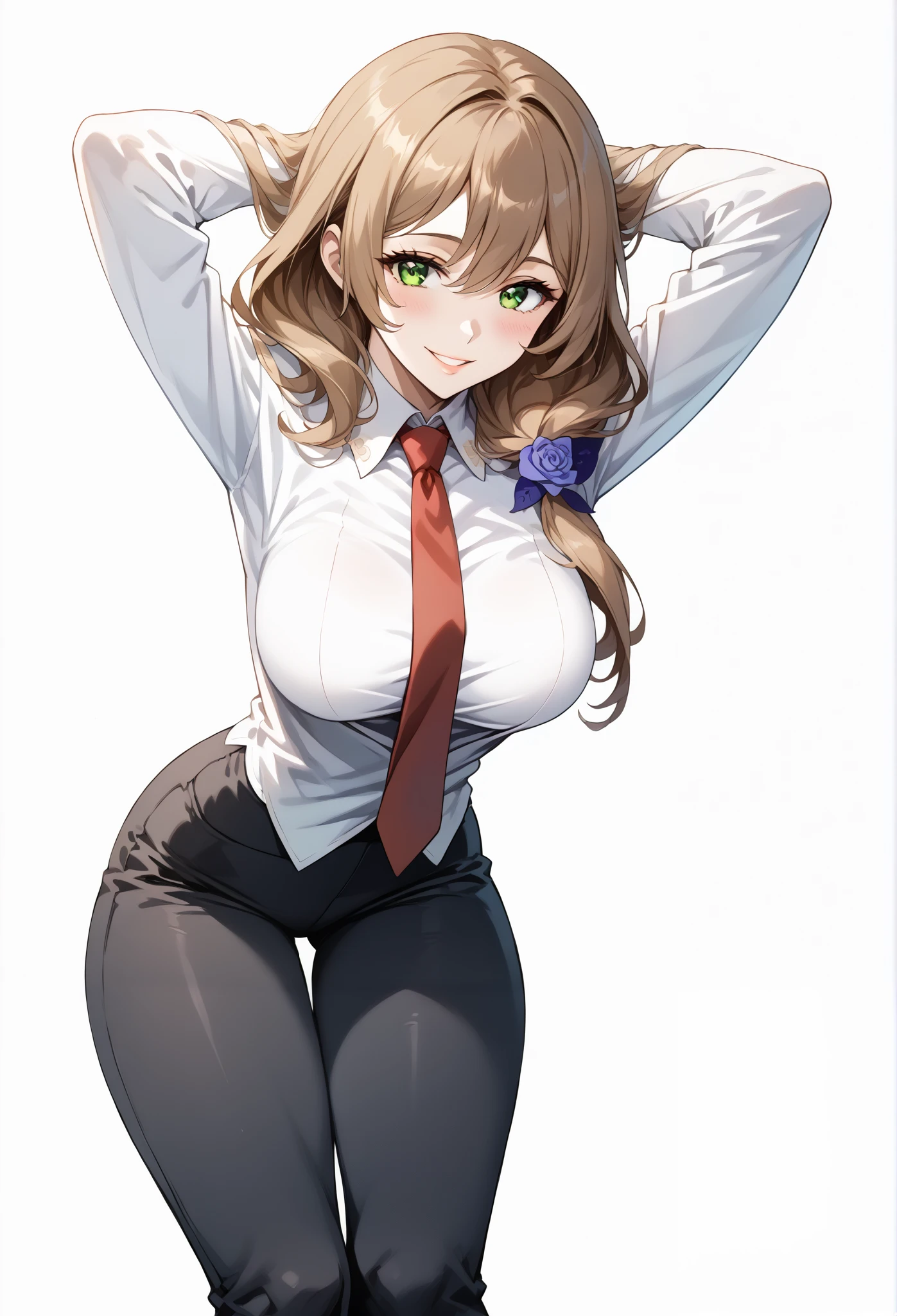score_9, score_8_up, score_7_up, source_anime, 4K,perfect fingers,(perfect hands, perfect anatomy),prefect lighting, very aesthetic, intricate details,highly detailed background, masterpiece, high quality, best quality,
1girl,Solo,lisaminci, lisa minci, brown hair, green eyes, long hair, low tied hair, large breasts,,
wearing ((suit and tie with a red tie on her neck, black tight pants, )),,
((White plain background:1.5)) , looking at viewer, smile, (perfect hands, perfect anatomy),cowboy shot, filed, high thigh individual , fullbody, ((front look:1.5)), ((hands behind head:1.5)), ((leaning forward:1.5)), ((sitting:1.5)),