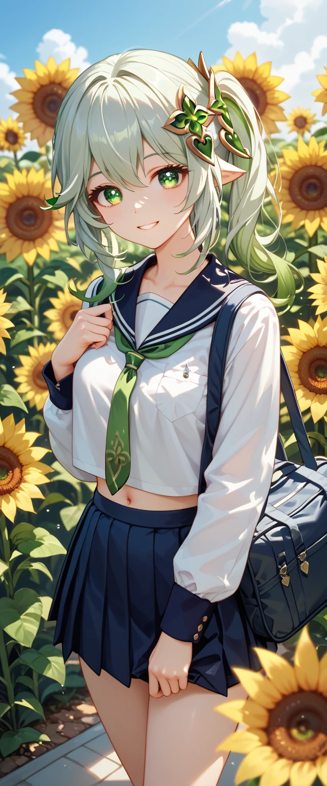 masterpiece, high definition, anime girl, long green hair, yellow eyes, cute anime girl, summer school uniform, smiling face, ((Sunflowers)), fractal art, Gwaiz, greenhouse background