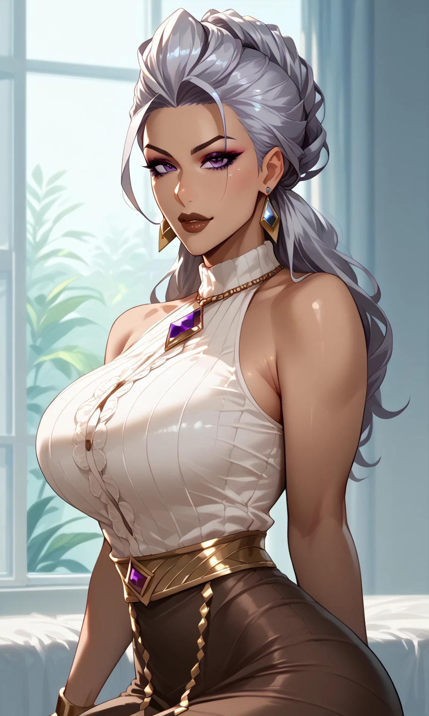 (Extremely Delicate and Beautiful:1.2), 8K ,(Masterpiece:1.0),(best_quality:1.0), 1girl, mature woman, complex details, enlarged textures, complex details, finely detailed eyes and detailed face, intricate details, white hair, (closed mouth), perfect eyes, equal eyes, (goddess), perfect body, extremely detailed, red lipstick, upper body, chandelier earrings ,big breasts, Cleavage 