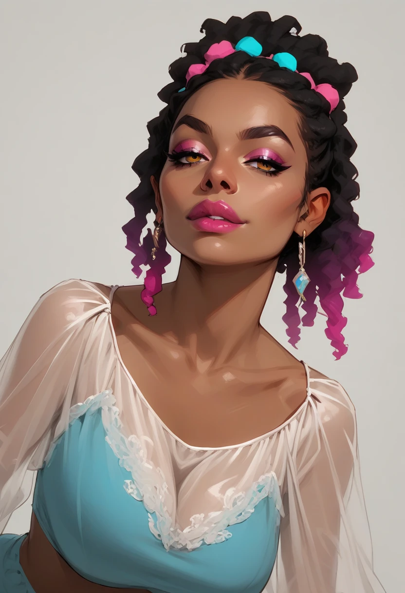 (Highest quality:0.8), (Highest quality:0.8), Perfect illustration((masterpiece, Highest quality)),Yamanba Gal。Tanned dark skin。Tons of piercings。Dark blue eyeshadow。A lot of mascara、False eyelashes。Red lips。Pink blush。Very heavy and gaudy makeup。Straight bangs。Curly Hair。Voluminous blonde hair。A flashy and eccentric gal-style hairstyle。Narrow waist。Long, gaudy fake nails。Flashy and eccentric fashion attire。Thick, cod-roe lips。Nose Piercing。Lip Piercing。Full Body Tattoo。