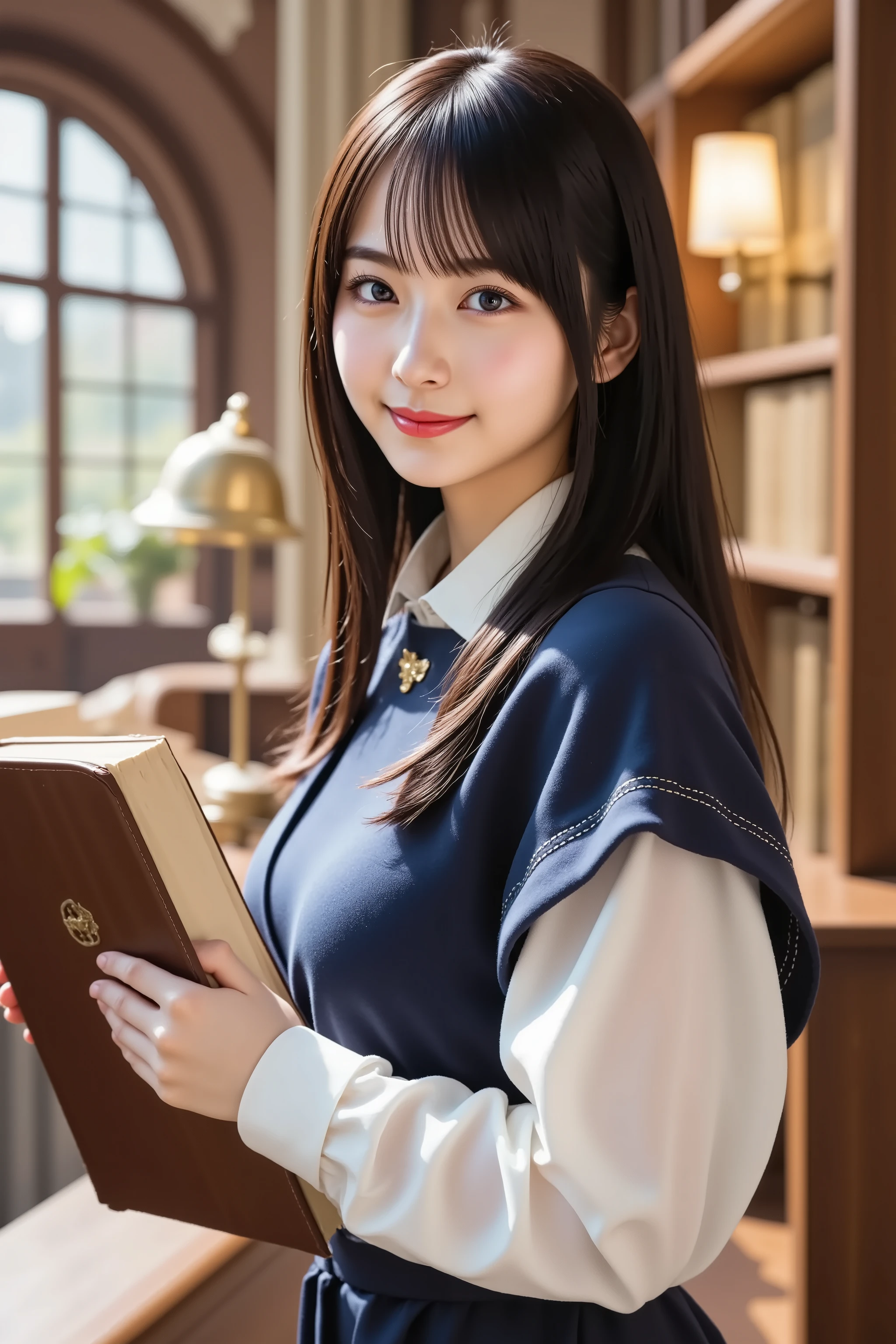 A medium close-up shot, ultra-realistic digital illustration of a beautiful young Asian woman in a grand library. She has long, straight, silky black hair with soft bangs framing her delicate face. Her radiant skin has a natural blush, complementing her warm smile. Her large, expressive dark brown eyes are framed by long lashes, conveying intelligence and kindness. Her well-groomed eyebrows have a gentle arch, and her full lips, naturally pink, are slightly parted in a welcoming smile.

She is dressed in a classic librarian outfit: a crisp white blouse with a high-collared neckline and a fitted navy-blue vest with subtle embroidery. A small golden name tag is pinned to her vest, and delicate reading glasses rest on her nose. In her hands, she holds a large, leather-bound book, as if about to return it to a shelf or assist a visitor.

The background showcases a grand, warmly lit library, featuring towering wooden bookshelves filled with countless books. Soft natural light streams through large arched windows, illuminating the elegant atmosphere. Antique brass reading lamps cast a golden glow onto the polished wooden surfaces, enhancing the refined setting.

The composition is balanced, with the subject centrally framed, ensuring a clear view of her upper body and attire while allowing the library's ambiance to be visible. The image is rendered in stunning 8K resolution, capturing every intricate detail with lifelike clarity.