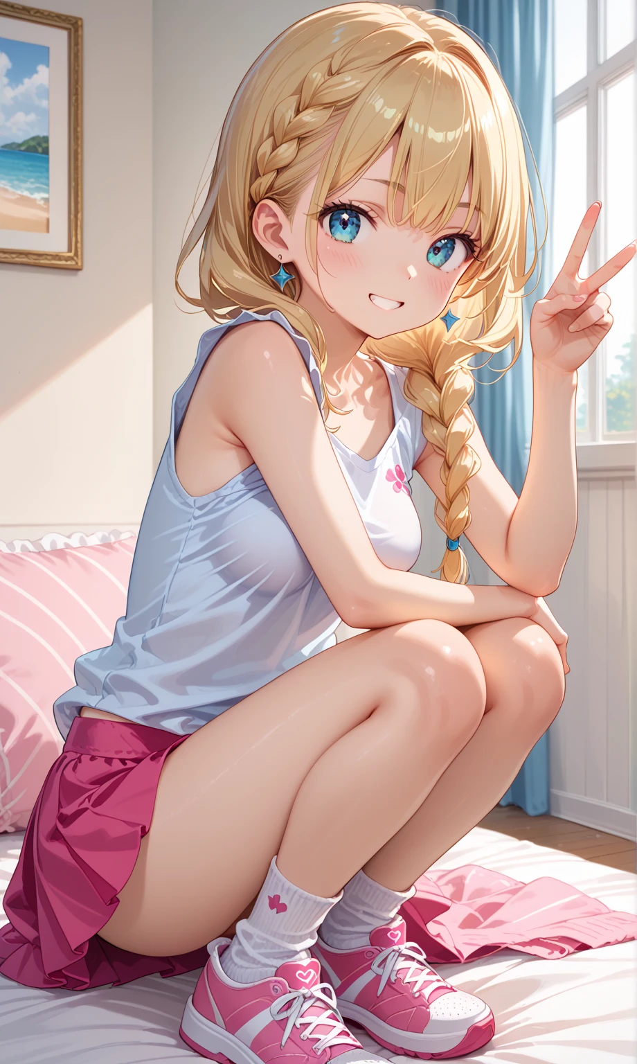 NSFW, 1 girl, Superchica, DC Colored Eyelashes, detailed eyes, detailed face, superhero, by rubio, by the wide, wavy fur, blue eyes, shadow, parts, flat chest, Red pleated skirt, Pussy, Blue crop top, small layer, smile, flying in the sky, from below,