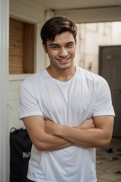 Very handsome man, 29yo, dark brown hair, Wear, Consultation, running, long distance shot, Wearing, smile, sweaty, realphoto