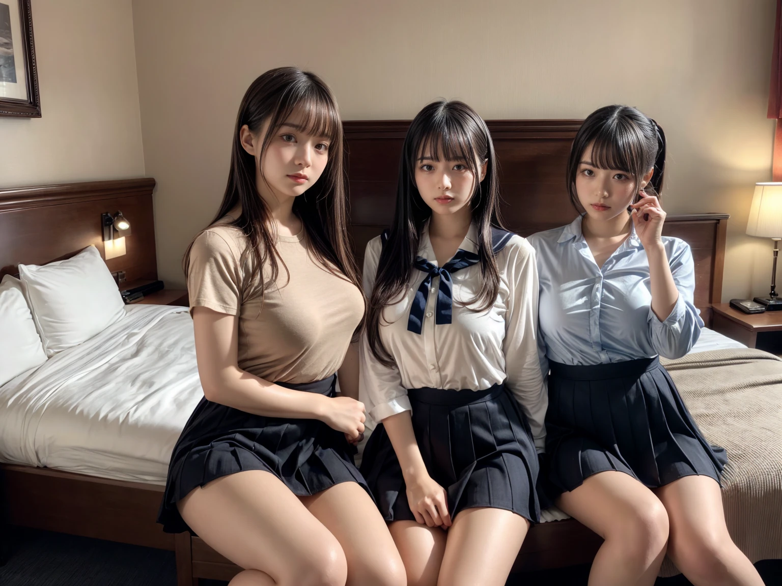 masterpiece, best quality, illustration, Super detailed, fine details, High resolution, 8K,wall paper, perfect dynamic composition,(Details High quality, realistic depiction of eyes:1.3), (3 girls), (white school shirt :1.2), (plaid skirt :1.3), tie black, black thigh-high stockings, sitting, open legs, short bob hair, in a hotel room in the background, deep on field, large breasts, black hair color, Big Natural Color Lip, (perfect body shape), crying a little、Harajuku style、20 year old girl、cute type、beautiful legs, Gravure Idol