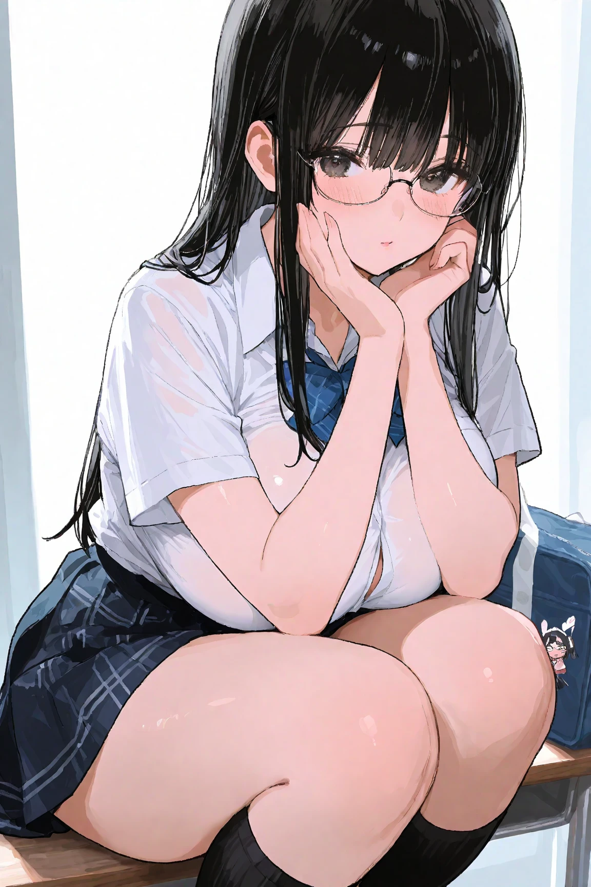 ((masterpiece,Highest quality;1.3,best illustration,realistic)),Being forced to expose your underwear、1woman、独奏,25 year old Japanese beauty,((very small head:1.3)),center parted bangs,forehead,black hair,long hair,black eyes,gorgeous eyes,tears,shy,sad,medium breasts,((very long body)),((toned body,slender body,skinny)),gleaming skin,shiny skin,oily skin,(White tank top、No sleeve、Dark blue pleated mini skirt、A rolled up skirt)、White panties、Love juice,library、Tokyo、