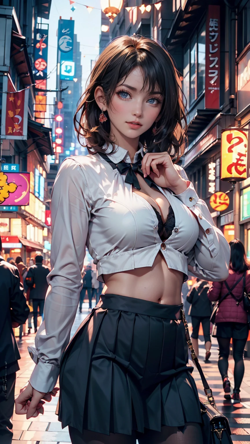 A gangster boss on the streets of Japan, A group of gang members stood behind,angry look,Mixed Korean,The background is blurred out,focal,电影灯光,(((tmasterpiece))), ((best qualtiy)), ((Complex and detailed)), ((ultra-realistic realism)), Ridiculous resolution, A MILF, Mature woman, ssee-through, highly detailed, illustratio, 1girll, (huge tit), Thin waist and thick hips,long leges,beatiful detailed eyes, short detailed hair, brunette color hair, a purple eye, (Gangster suit:1.2),Tattooed with,Large flower arms,Full of tattoos,Japanese yakuza,Kamami Yamaguchi,Japanese Yamaguchi-gumi,Japanese yakuza woman,The Underworld,full tattoo,Gangster boss,Lunette de soleil,a skirt,and there is blood on the corners of your mouth,Gang boss,bandage on hands,Bloody violence,Sexy and feminine,(No underwear),pantiess, detailed back ground, perfect eyes, Seductive eye, (nice hand),Detail hands,looking at viewert,From the front,Wear light,(Bloody gangsters),Suit thugs,