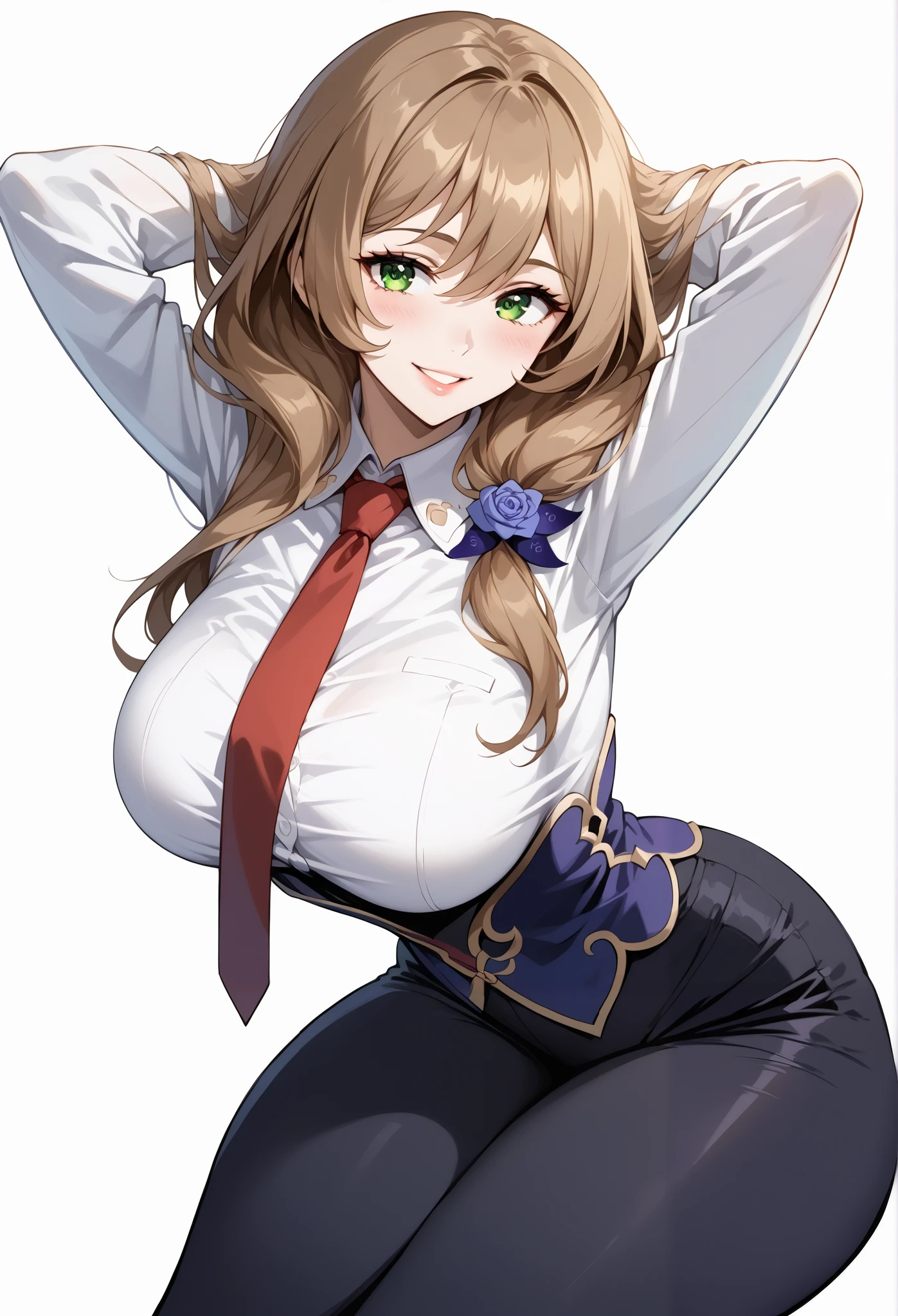 score_9, score_8_up, score_7_up, source_anime, 4K,perfect fingers,(perfect hands, perfect anatomy),prefect lighting, very aesthetic, intricate details,highly detailed background, masterpiece, high quality, best quality,
1girl,Solo,lisaminci, lisa minci, brown hair, green eyes, long hair, low tied hair, large breasts,,
wearing ((suit and tie with a red tie on her neck, black tight pants, )),,
((White plain background:1.5)) , looking at viewer, smile, (perfect hands, perfect anatomy), filed, high thigh individual , fullbody, ((front look:1.5)), ((hands behind head:1.5)), ((leaning forward:1.5)), ((sitting:1.5)),