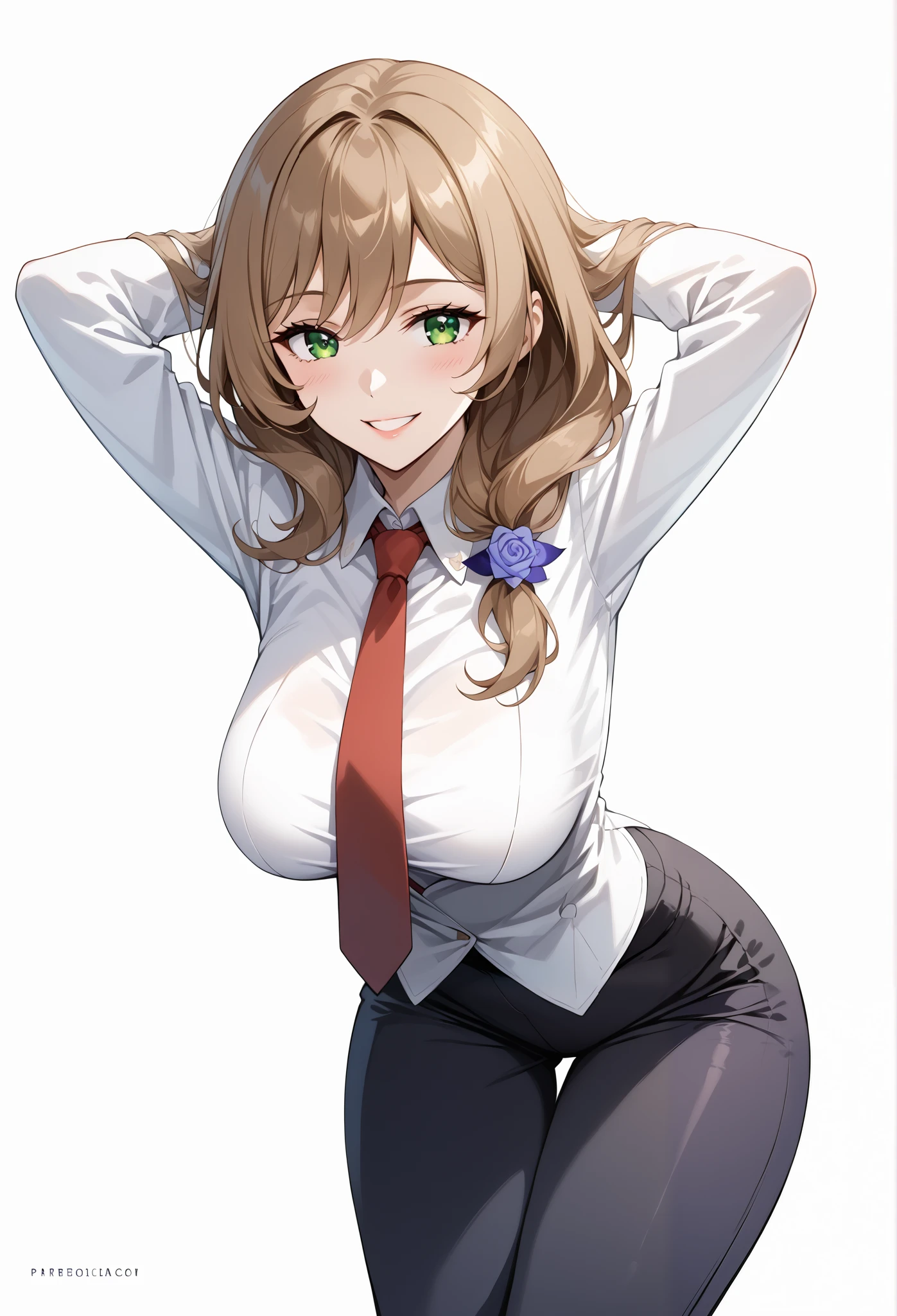 score_9, score_8_up, score_7_up, source_anime, 4K,perfect fingers,(perfect hands, perfect anatomy),prefect lighting, very aesthetic, intricate details,highly detailed background, masterpiece, high quality, best quality,
1girl,Solo,lisaminci, lisa minci, brown hair, green eyes, long hair, low tied hair, large breasts,,
wearing ((suit and tie with a red tie on her neck, black tight pants, )),,
((White plain background:1.5)) , looking at viewer, smile, (perfect hands, perfect anatomy), filed, high thigh individual , fullbody, ((front look:1.5)), ((hands behind head:1.5)), ((leaning forward:1.5)), ((sitting:1.5)), 