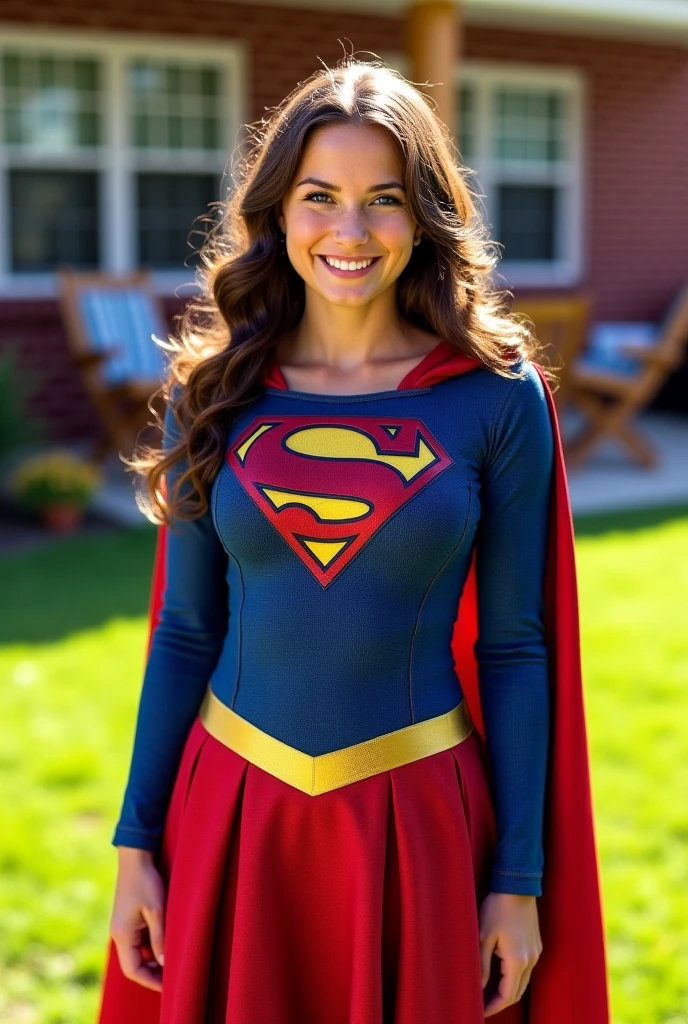 photos D' : cute brunette, tall and slim. she wears a red supergirl costume. She wear a long red cape. she is standing ,we can see her entirely. she smiles. she is outside in the middle of a field of green grasses The sky is blue.