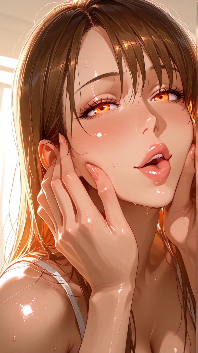 ,(Dark Skin:1.8),(19 year old slim girl with red eyes and slutty looks orgasm face:1.5),(Red false eyelashes),Beautiful breasts、(Look here:1.5),(Blonde and brown hair:1.35),(Asymmetrical Buzz Cut Hairstyle)