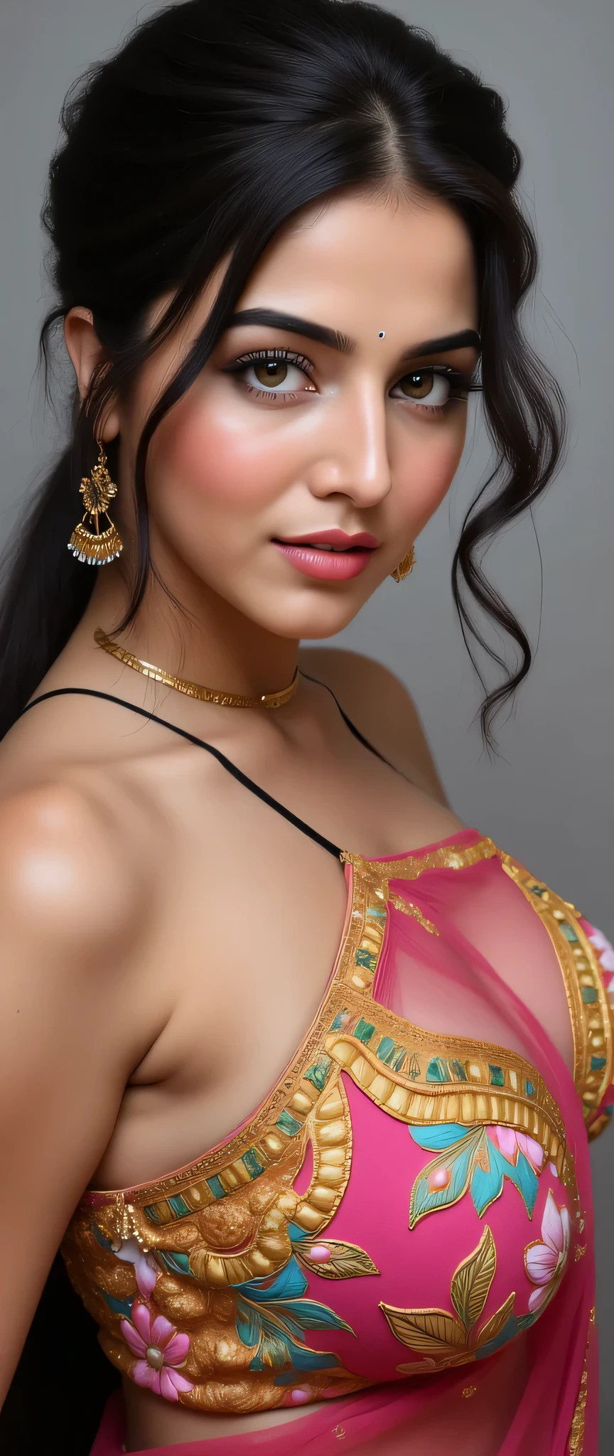 perfect eyes, fantastic face, Indian, beautiful look Indian Girl, ((light lips, bright eyes, sexy long hair style)), (((beautiful details very huge breast ))), (Straight round and ultra huge clevage, not sagging breast), A glorious gorgeous, glorious gorgeous face, pretty face, bright eyes, (detailed Colourfull lehenga with deep neck blouse Designs and Patterns), updo elegant hair, blurred gray tones background, ultra focus, face illuminated, face detailed, 8 k resolution, painted, dry brush, brush strokes, razumov style and garmash style, by Tokaito, (fluorescent colours:1.4),(semi transparent:1.4),(retro filters:1.4),(fanciful:1.4), Soft Fluffy Soft Landscape Light Soft Whimsical Light Cozy Brews Cafe Background Ultra Realistic Ultra High Quality Cinematic Lighting Huge Details Full HD Painting Plenty of light,diagonal bangs,Bright Colorful Hijab headwear ,side masterpiece, best qualityer,real skin,(portrait:1.5), Girl, blunt bangs, (long wavy hair), ((Cozy Brews Cafe)), ((Big Sexy Body Shape)), (((Portrait Photo))), (half open breast wear), (((Sexy Pose))), (((Huge With Cropped Breast Wear))), deep cleavage erotic looks front view looking at viewer pale skin nice lighting seductive poses erotic looks ,sexy long hair style beautiful