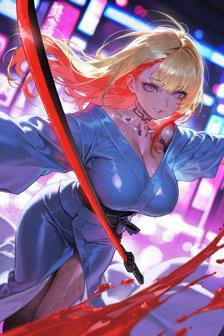 Generate a high-resolution 4K anime-style image of Harley Quinn. She appears as a voluptuous character with a demonic face, featuring sharp, jagged teeth and an aggressive look. She is dressed in a richly detailed kimono, holding a gleaming, sharp knife. The setting is dark and foreboding, with an ominous ambiance enhanced by subtle, shadowy details. Her intense gaze is fixed on the viewer, exuding a sense of danger.