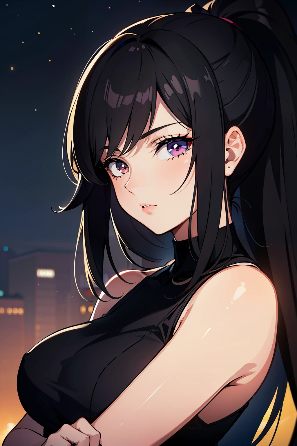 a beautiful 21 year old korean girl, long slightly waved black hair with pink highlights, sharp rosy eyes, playful smile, anime realism style, portrait, (best quality,4k,8k,highres,masterpiece:1.2),ultra-detailed,(realistic,photorealistic,photo-realistic:1.37),HDR,vivid colors,professional,bokeh