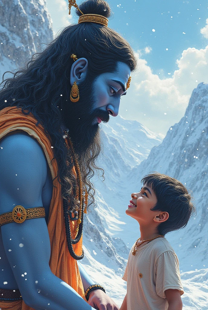 18 years old boy walking and lord mahadev coming after him and your hand putting on boy head on mountains. Both are smiling. Boy is wearing purple t-shirt and name "NJ" write on it. He looks very realistic, cute, shiva tilak decain on your head, and happy. very realistic pictures, high quality picture, realistic mountain, snowfalling moment.sun lights reflection in back. and "happy mahashivratri" write on sky."