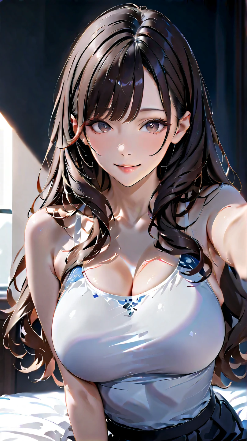 Girl, cute, adorable, smiling, straight hair, long hair, black hair, full breasts, Showcasing cleavage, standing, one hand up,
(V-sign:1.2),
looking at the camera, From the front, my room, morning, Halter Top