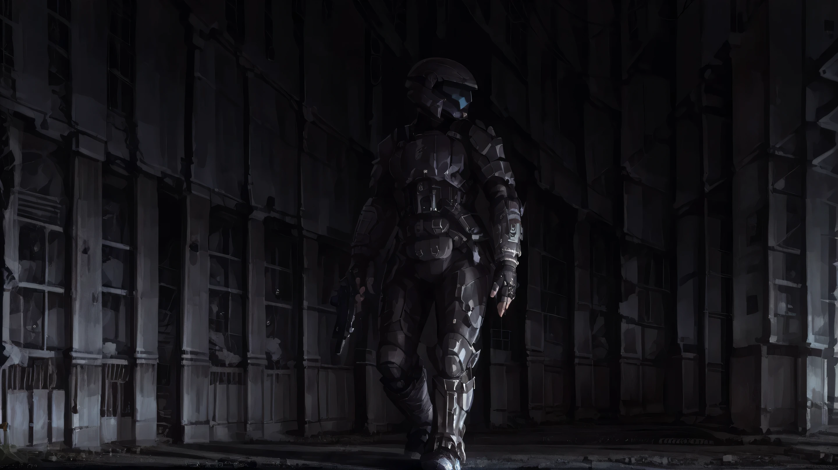 ODST,helmet,armor,fingerless gloves,female,solo,ruins city,flame on buildings,night,vision nocturnal,walking,full body,holding gun,crashed cars,