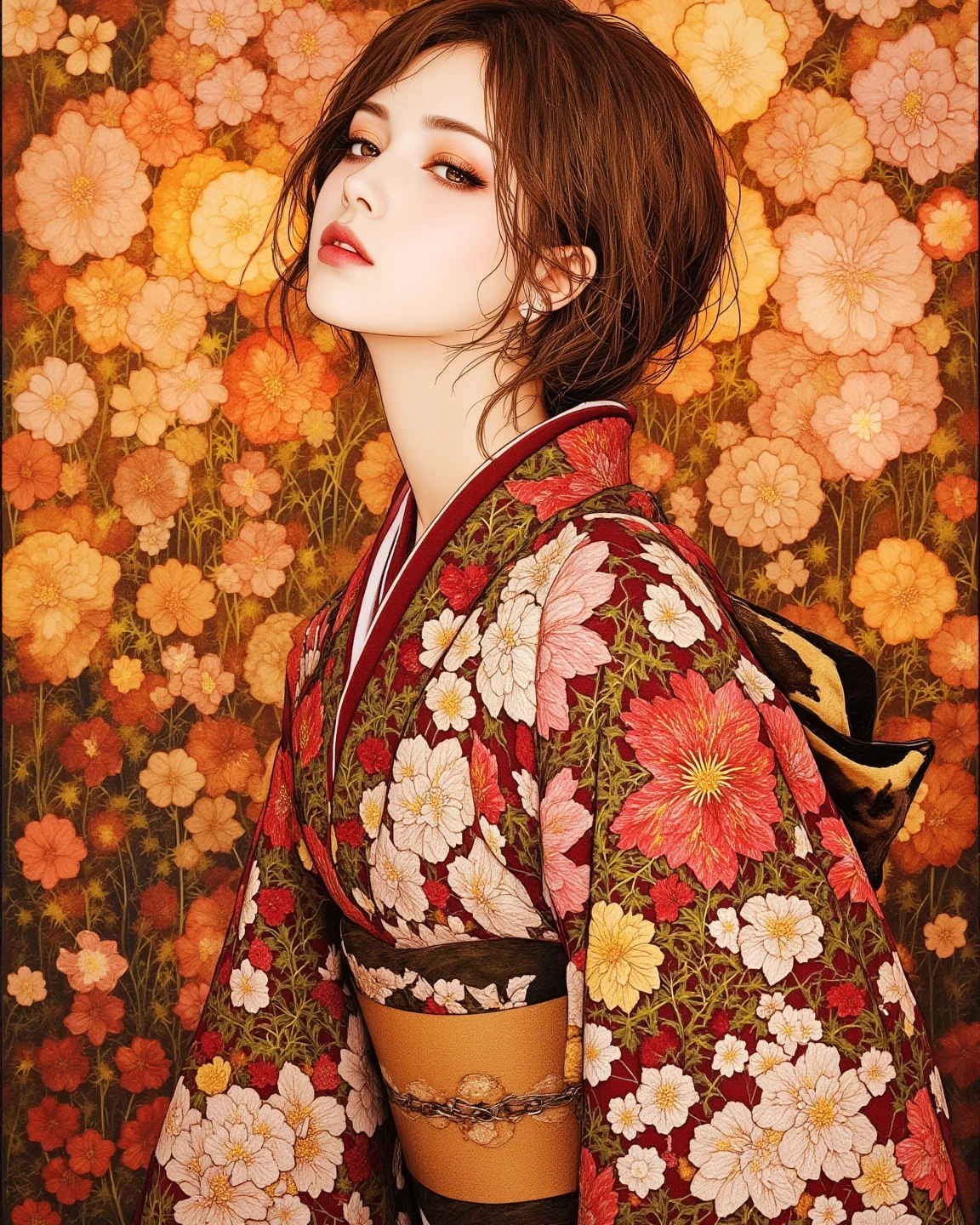 pop art、digital artwork、draw with brown ink on white paper、 Japanese kimono、white and brown brush strokes、 melancholy expression 、upper body、Thin slanted 、very detailed and dynamic、express shadows with accurate lines、Delicate and accurate expression、Salvia dancing in the background、 modern art 、Stroke Style、orange filter、stained glass
