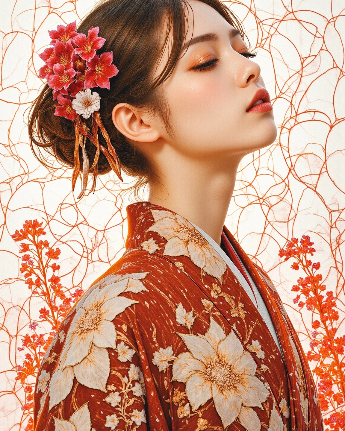 pop art、digital artwork、draw with brown ink on white paper、 Japanese kimono、white and brown brush strokes、 melancholy expression 、upper body、Thin slanted 、very detailed and dynamic、express shadows with accurate lines、Delicate and accurate expression、Salvia dancing in the background、 modern art 、Stroke Style、orange filter、stained glass
