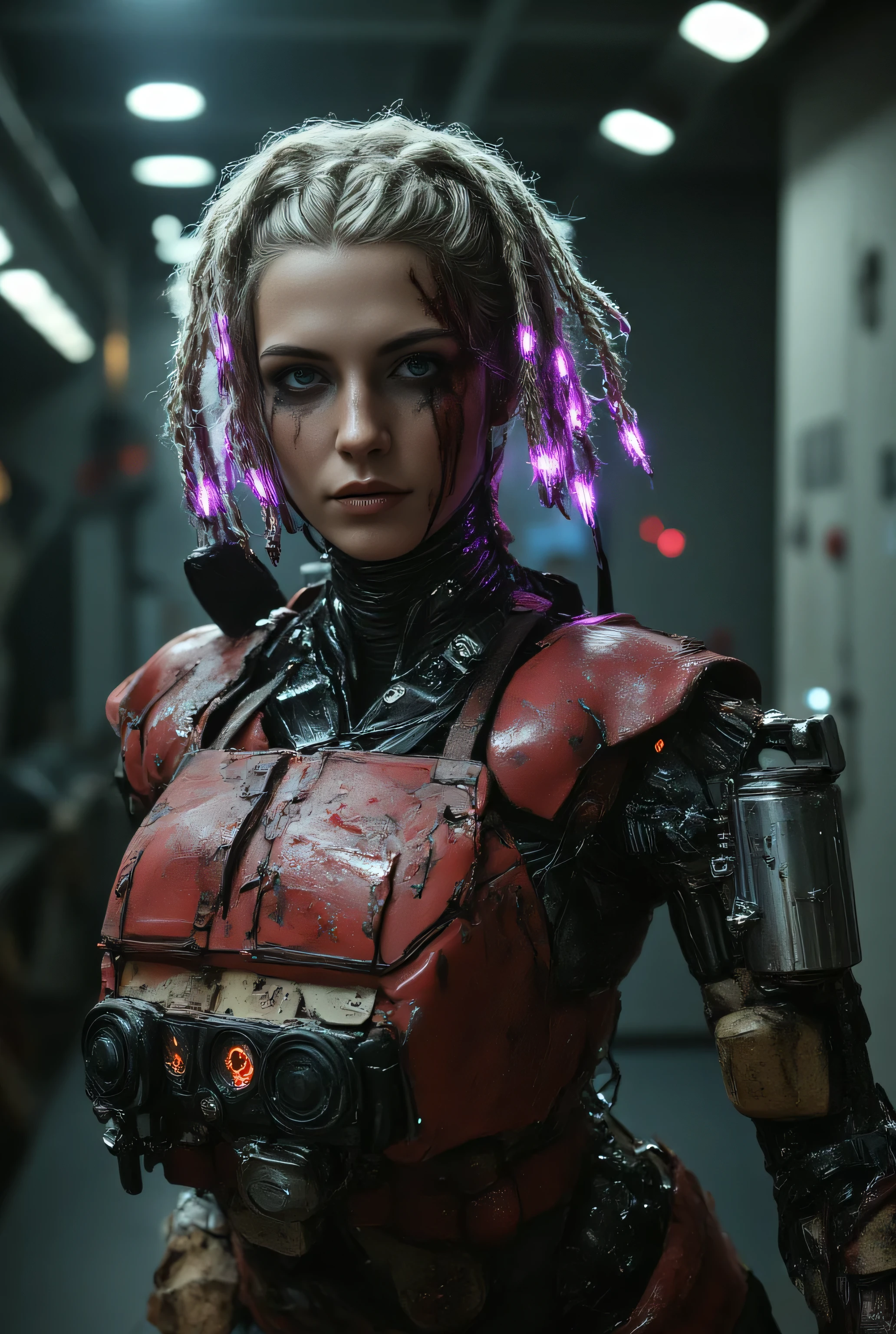 The image depicts a post-apocalyptic and artistic representation of a full body battle android with an intriguing blend of organic and mechanical elements. She is heavily battle damaged, her skin is grimy and bleeding, her armor dented and dirty, leaking hydraulic fluid, almost completely destroyed. Her expression is determined and grim, adding to a sense of power in the image. She has metallic dreadlocks with neon purple lights at the tips. The clothing or armor is composed of crimson red leather and metallic materials that wrap around the body, highlighting the cybernetic theme as well as her figure. It is dusty and smashed and broken, revealing glimpses of skin and under armor. Numerous mechanical accessories, like cylindrical devices and wires and glowing LED lights and gauges, are integrated into the figure's body, enhancing the sci-fi aesthetic. The lighting is very dark, the lights of her armor creating highlights on the reflective surfaces and casting subtle shadows that accentuate the contours and mechanical details. The background is dark, the silhouette of a bombed city in the distant background, creating a quiet yet powerful atmosphere. The shooting angle is elevated, with a sense of depth due to shadow play and the positioning of mechanical elements. The overall composition and technical execution present a seamless blend of organic and technological features, evoking themes of future, integration, and identity. 8k super hd, uhd (full body:2)