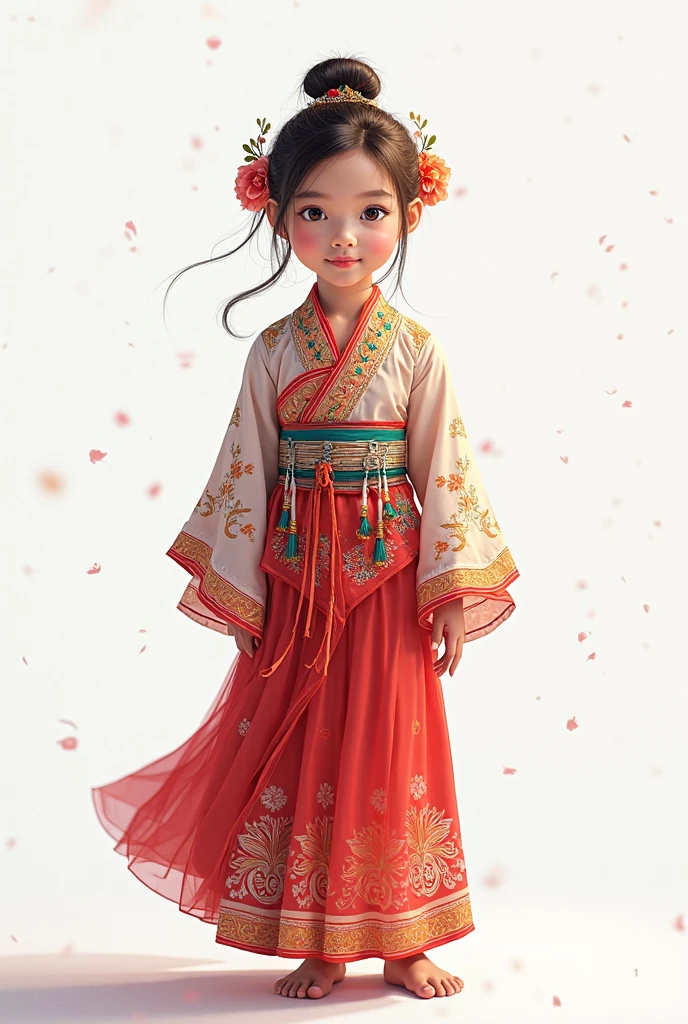A charming young girl in traditional East Asian attire, featuring a turquoise jacket with floral patterns and a flowing white skirt. She has two playful braids adorned with delicate blue flowers. The scene is set in a serene courtyard with a rustic wall and a wooden door, where a small, adorable panda peeks out from behind a flower pot. Gentle autumn leaves are falling around, adding a whimsical touch to the atmosphere, illuminated by soft, warm sunlight casting gentle shadows on the ground.