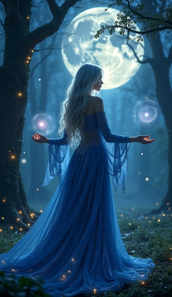 A mesmerizing sorceress with silver hair and piercing blue eyes, floating above a mystical, otherworldly landscape filled with glowing plants and ethereal light. She is adorned in a flowing black dress with intricate silver embroidery. Her hands weave through the air as she sings a soft lullaby, creating a swirling mist of magic that dances through the air, wrapping the world in a serene, sleep-inducing spell. Aim for realistic depiction, make sure photos are at highest resolution (8K). She is completely naked with her hips sticking out. The pubic area is visible.