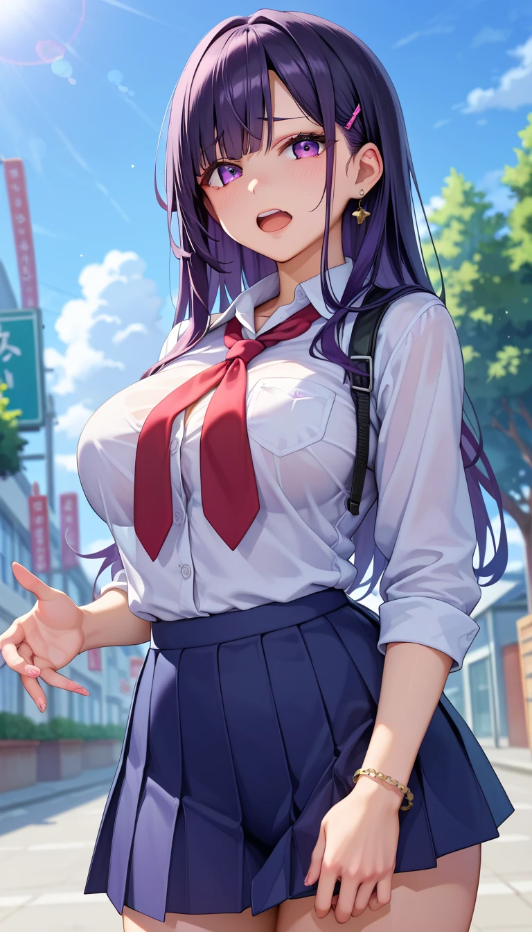rinko,ponytail,mature female,large breasts, see through nipples,messy hair style,wavy long hair,blue hair, hair between eyes, purple eyes,(school uniform,short sleeve, neck tie,miniskirt:1.1),(sweat gleaming skin:1.1), outdoors,sunlight, spotlight effect,bright sky, blue sky with clouds,strong wind, (kyoto background),(highres, high quality:1.1), intricate details, cinematic lighting, 1girl,(red blush,crying),(Necklace, bracelet),(Remote Play:1.2), (remote_vibrating:1.2), ((Hand holding a button at the bottom left of the screen:1.3))、